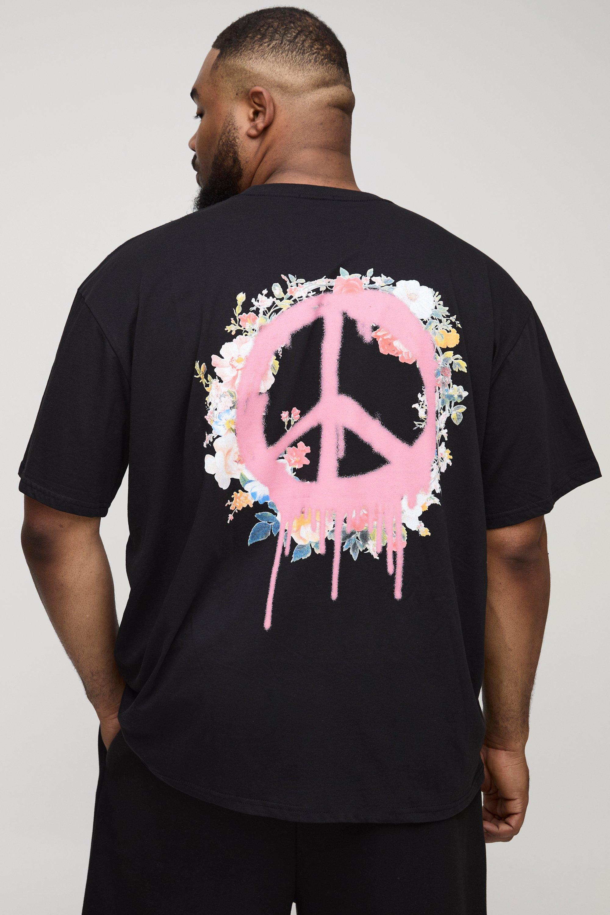 Mens Black Plus Oversized Graffiti Floral Print T-Shirt, Black