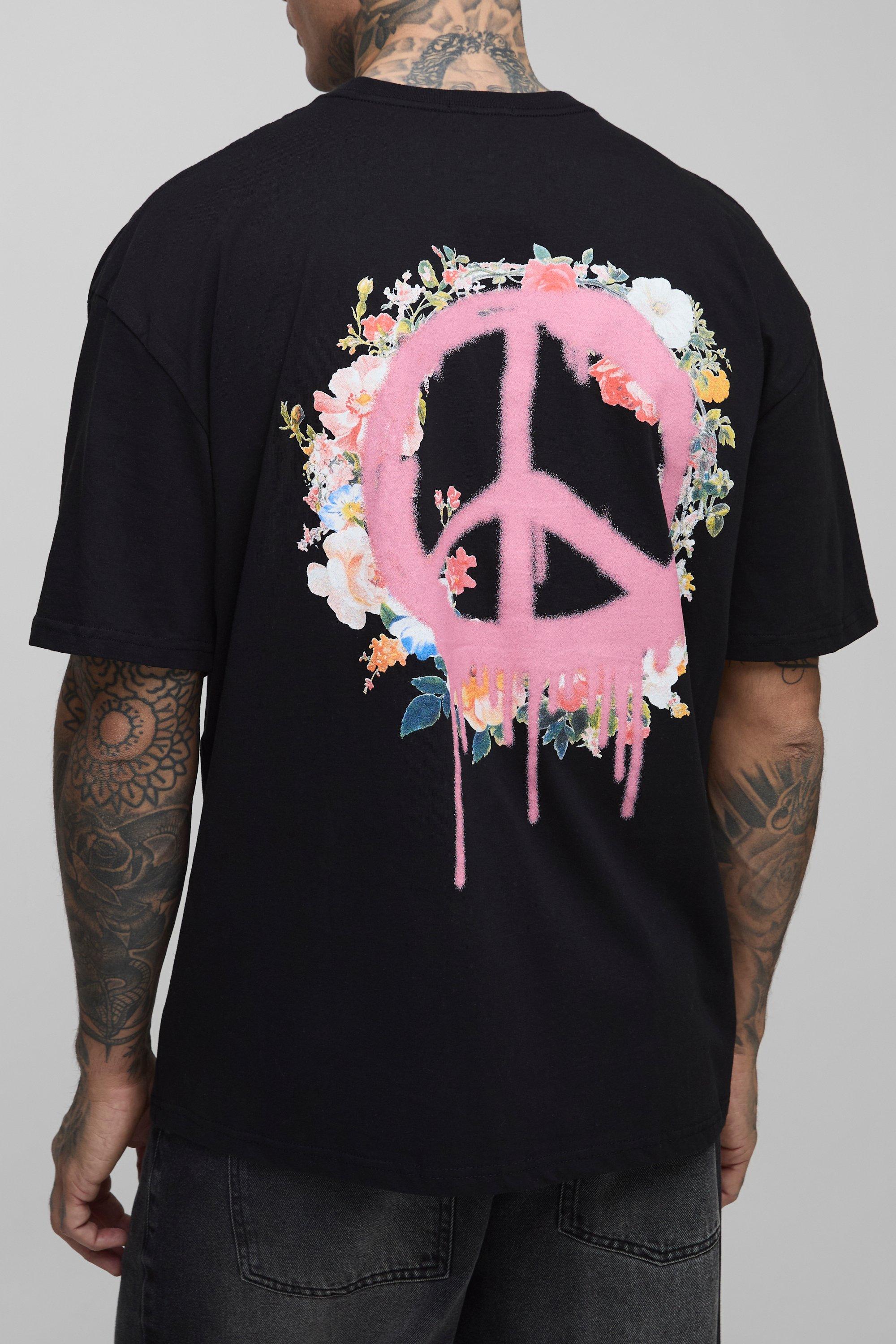 Mens Black Tall Oversized Graffiti Floral Print T-Shirt, Black