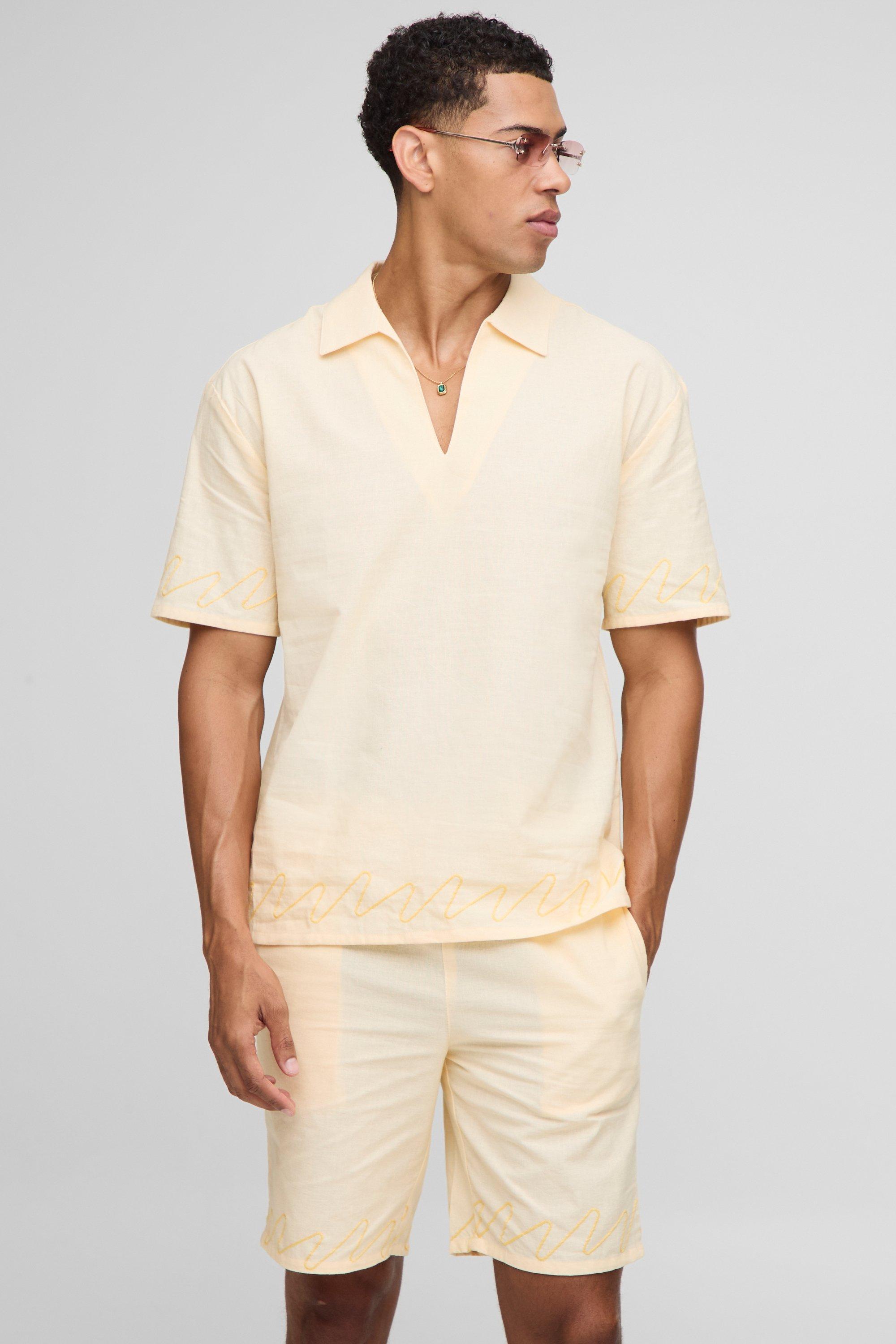 Mens Yellow Oversized Linen Look V Neck Embroidered Shirt and Shorts Set, Yellow