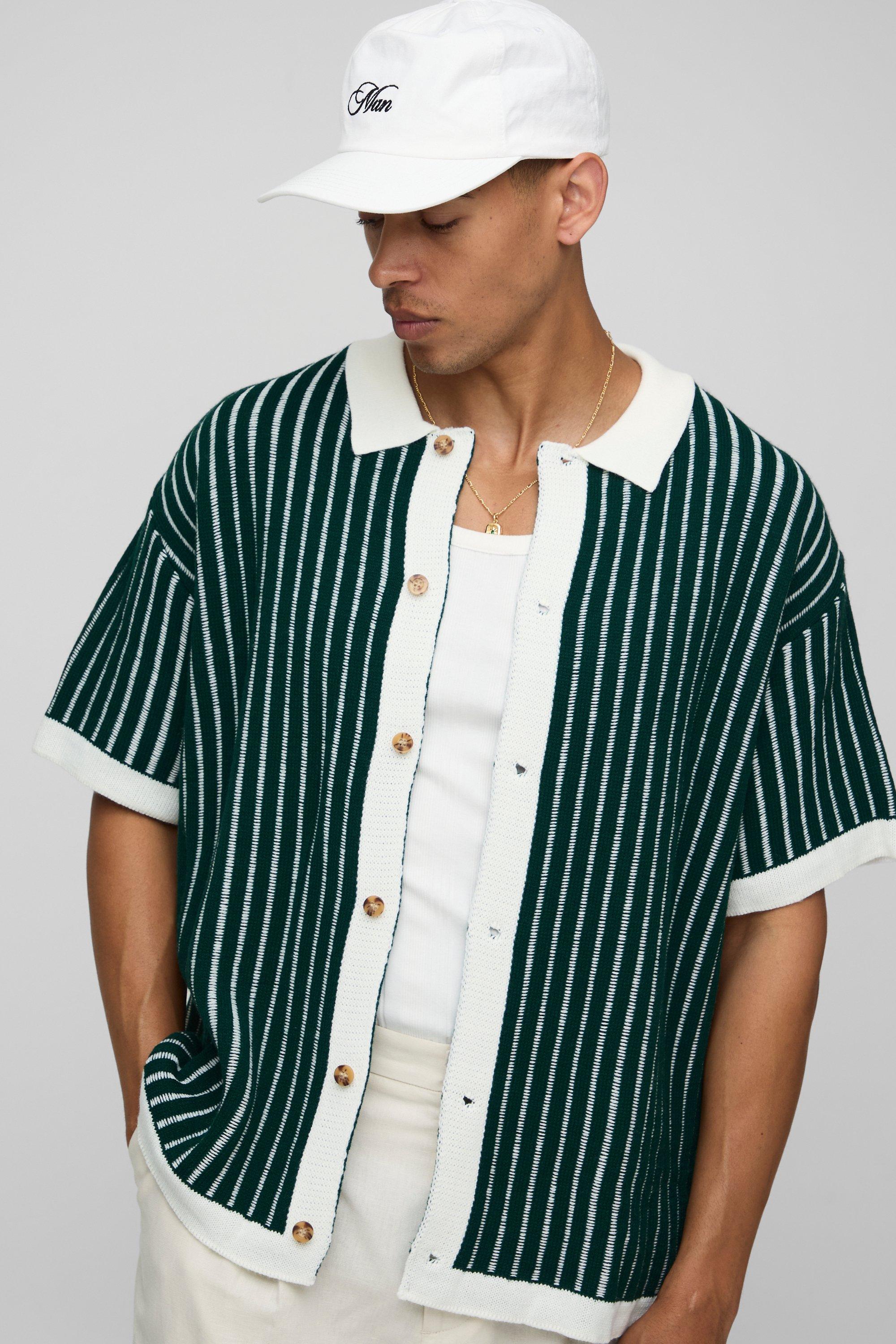 Mens Green Oversized Boxy Striped Short Sleeve Knitted Shirt, Green