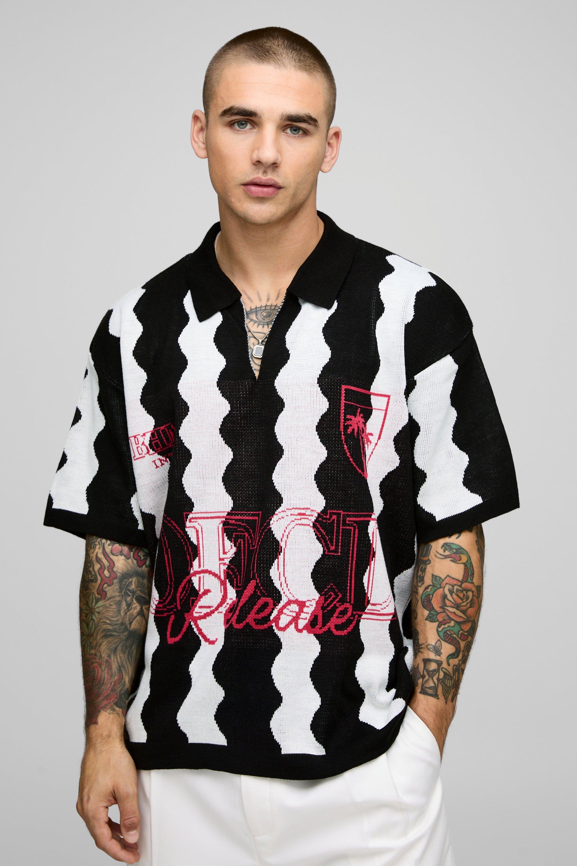 Mens Black Oversized V Neck Jacquard Knitted Polo, Black