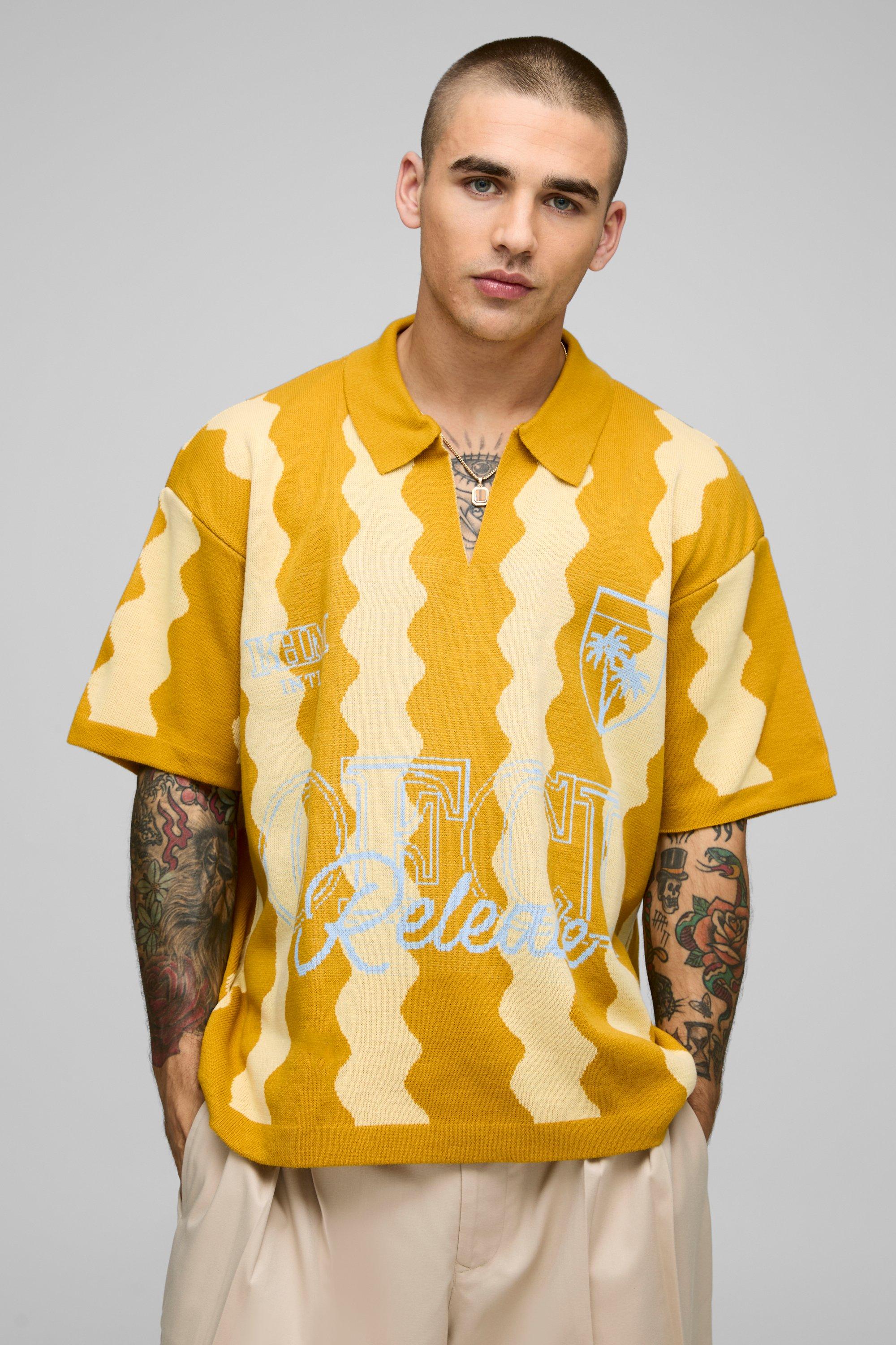 Mens Yellow Oversized V Neck Jacquard Knitted Polo, Yellow