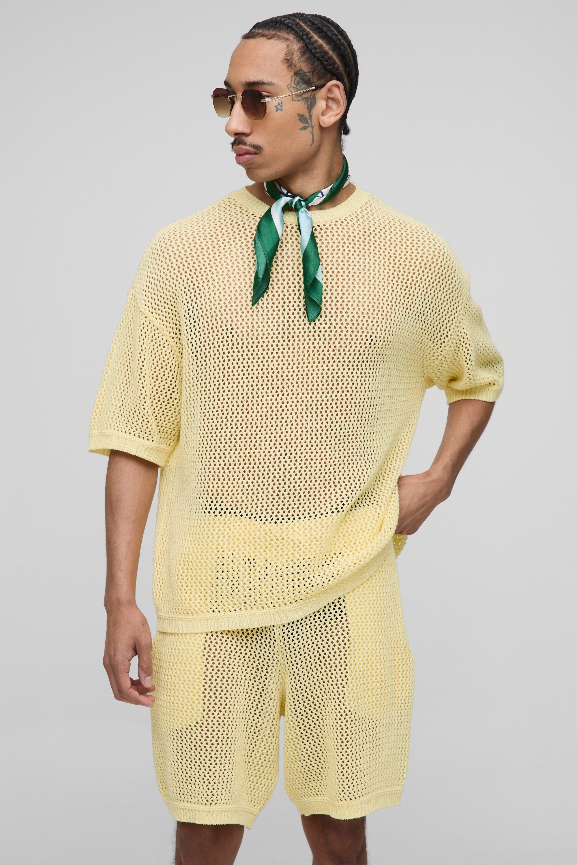 Image of Set pantaloncini squadrati in maglia traforata, Giallo