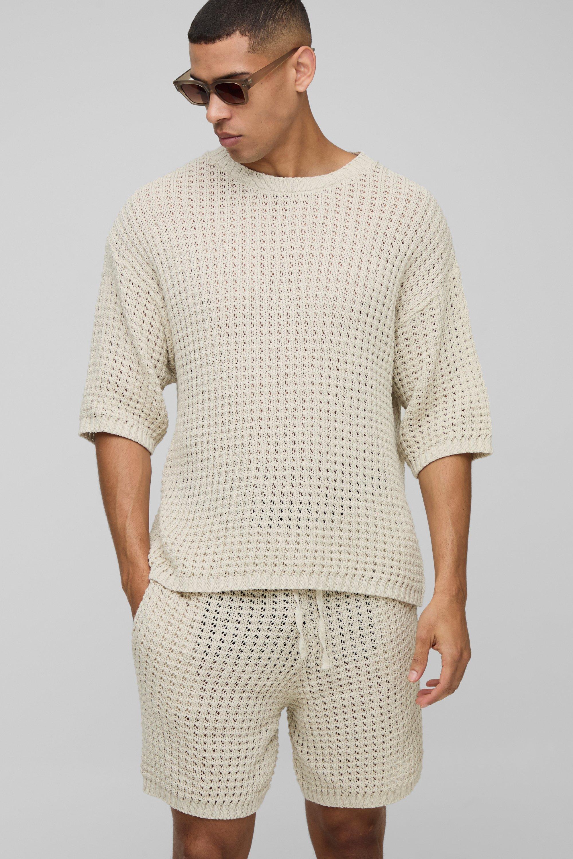 Mens Beige Regular Fit Open Tuck Stitch Knitted Shorts Set, Beige