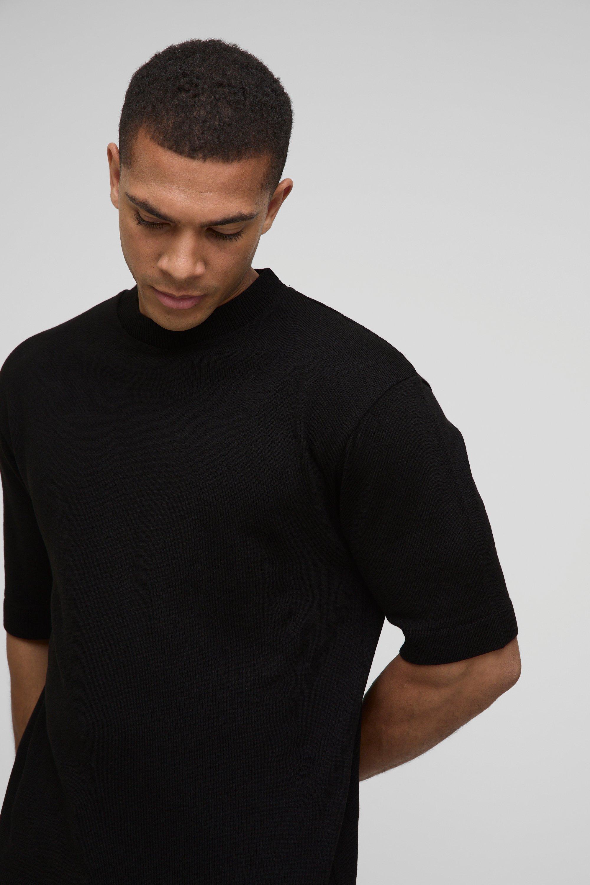 Mens Black Regular Fit Lightweight Knitted T-Shirt, Black