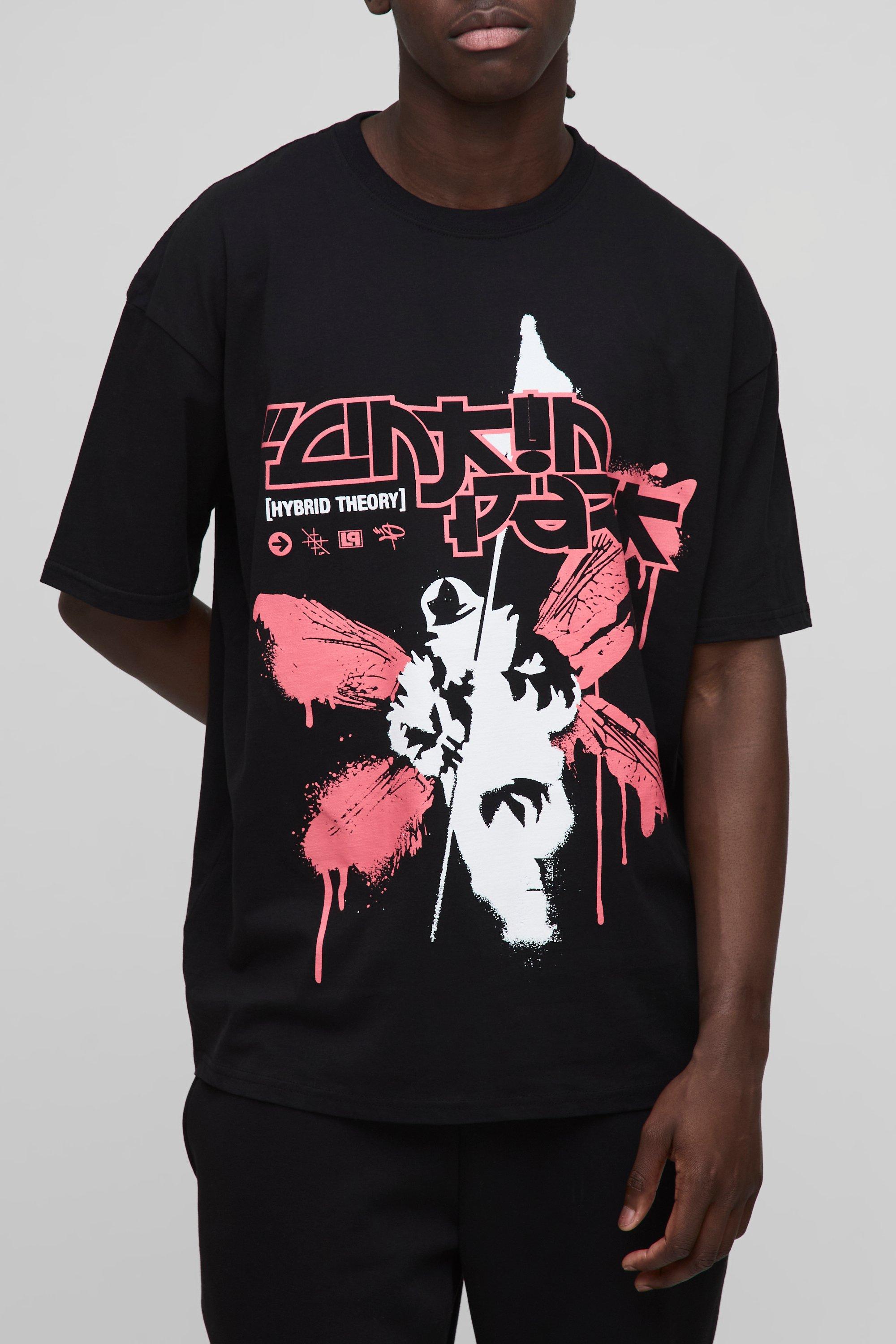 Mens Black Oversized LinkIn Park License Printed T-Shirt, Black