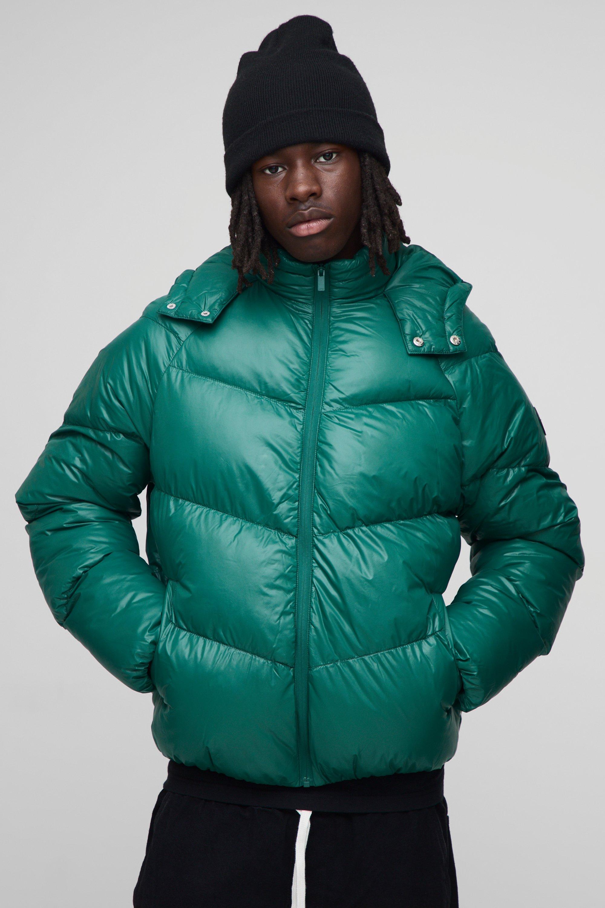 Image of Regular Fit Sheen Panelled Hooded Funnel Puffer Jacket, Verde