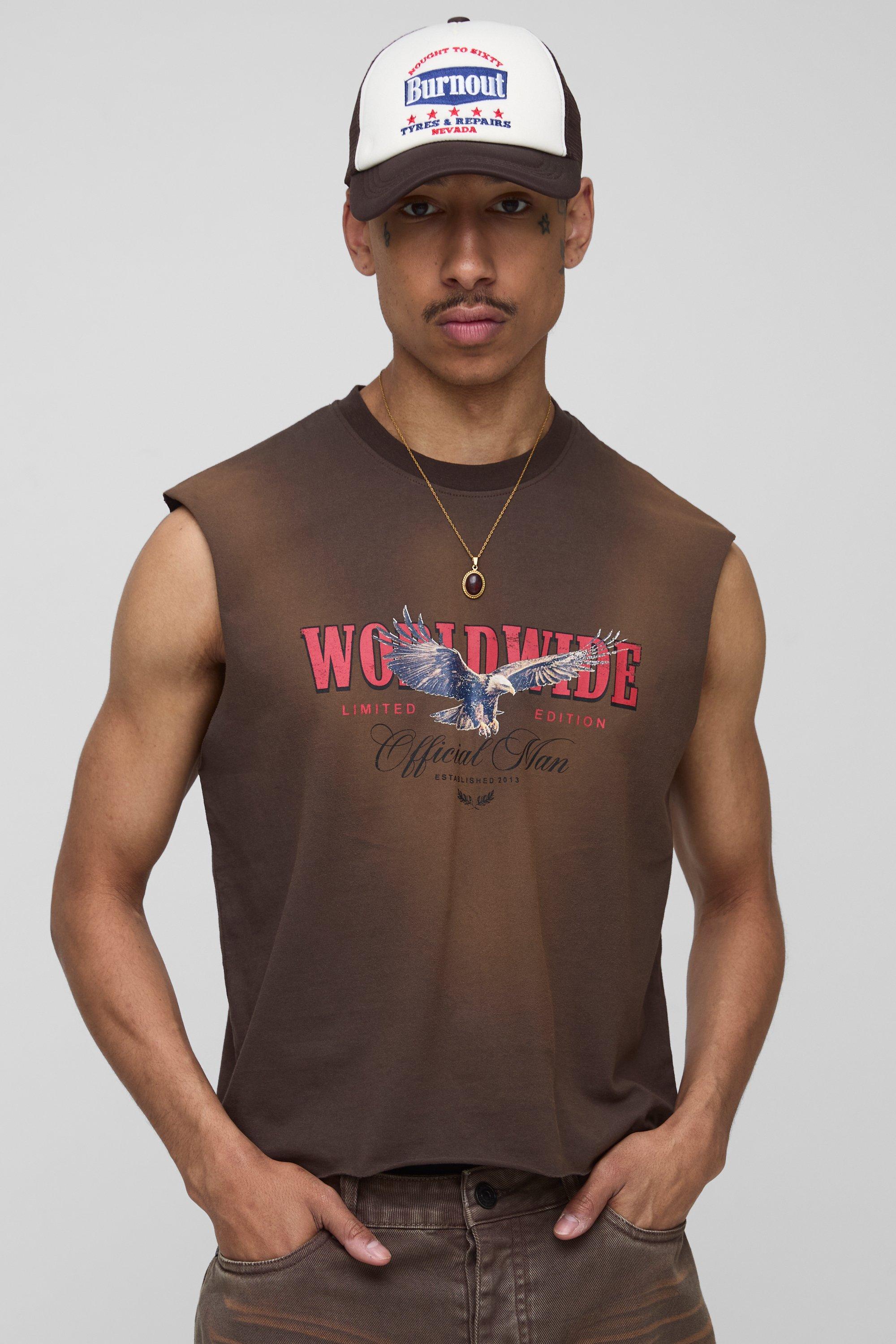 Mens Brown Boxy Washed Raw Edge Eagle Graphic vest, Brown