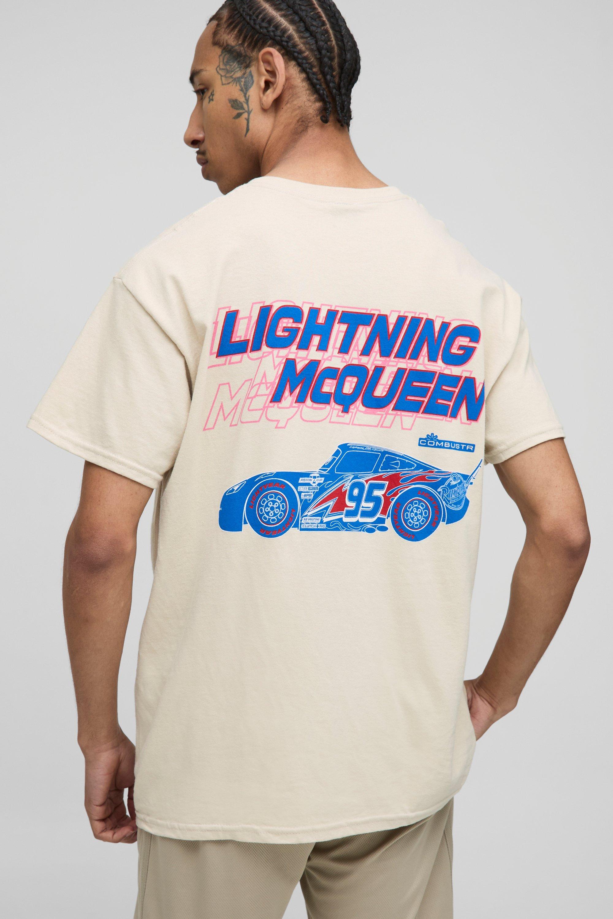 Mens Beige Oversized Disney Cars Lightning McQueen License Printed T-Shirt, Beige