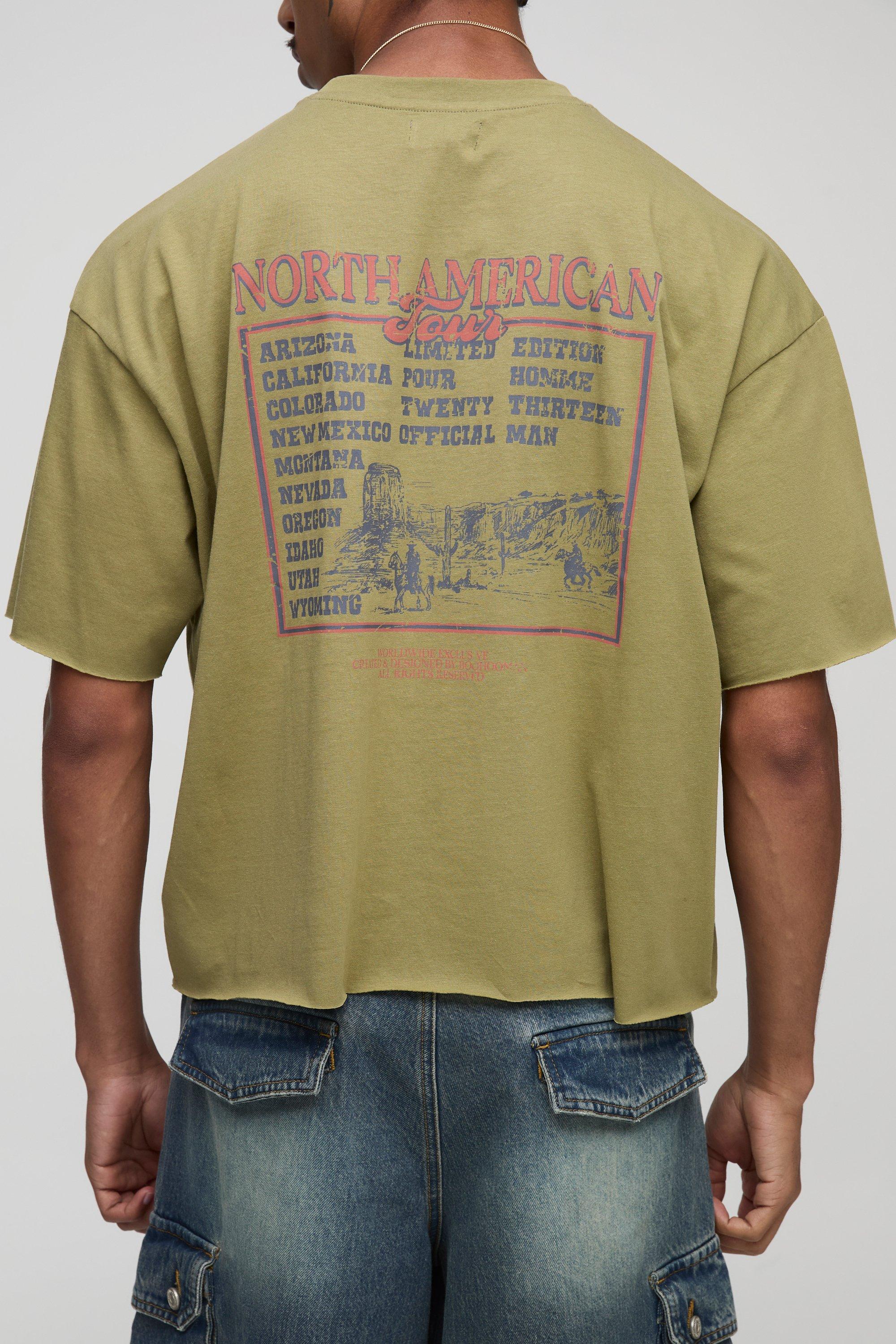 Mens Green Oversized Shrunken Landscape Graphic Distressed T-Shirt, Green