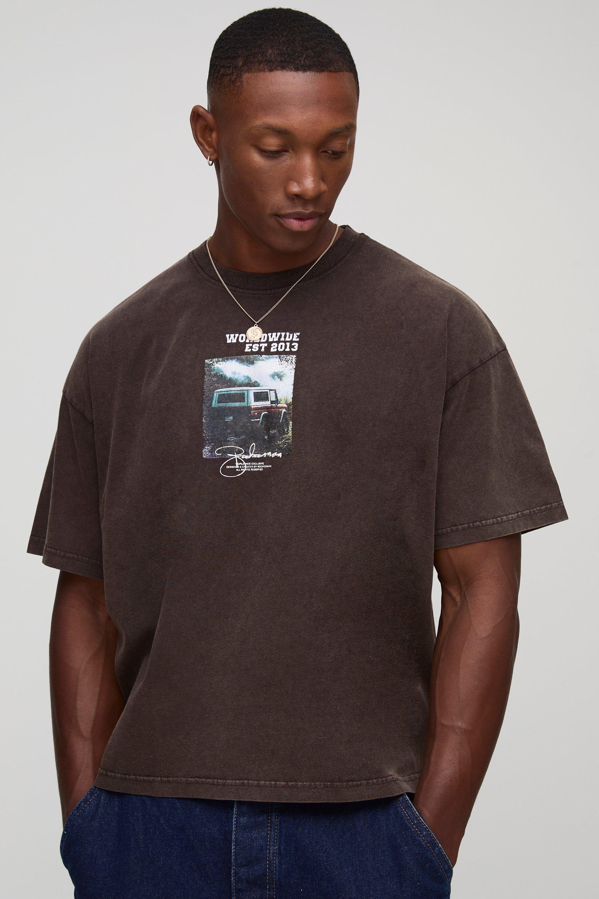Mens Brown Oversized Boxy Washed Retro Graphic T-Shirt, Brown