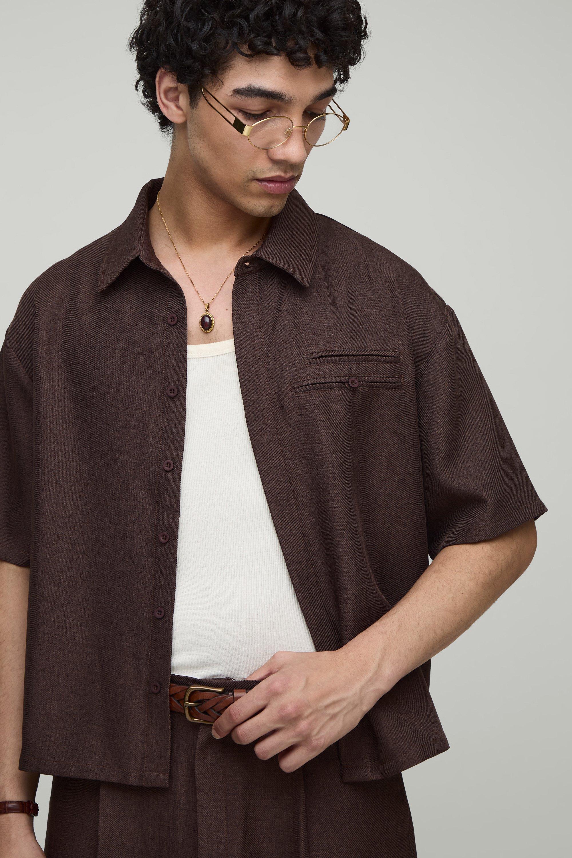 Mens Brown Oversized Textured Short Sleeve Shirt, Brown
