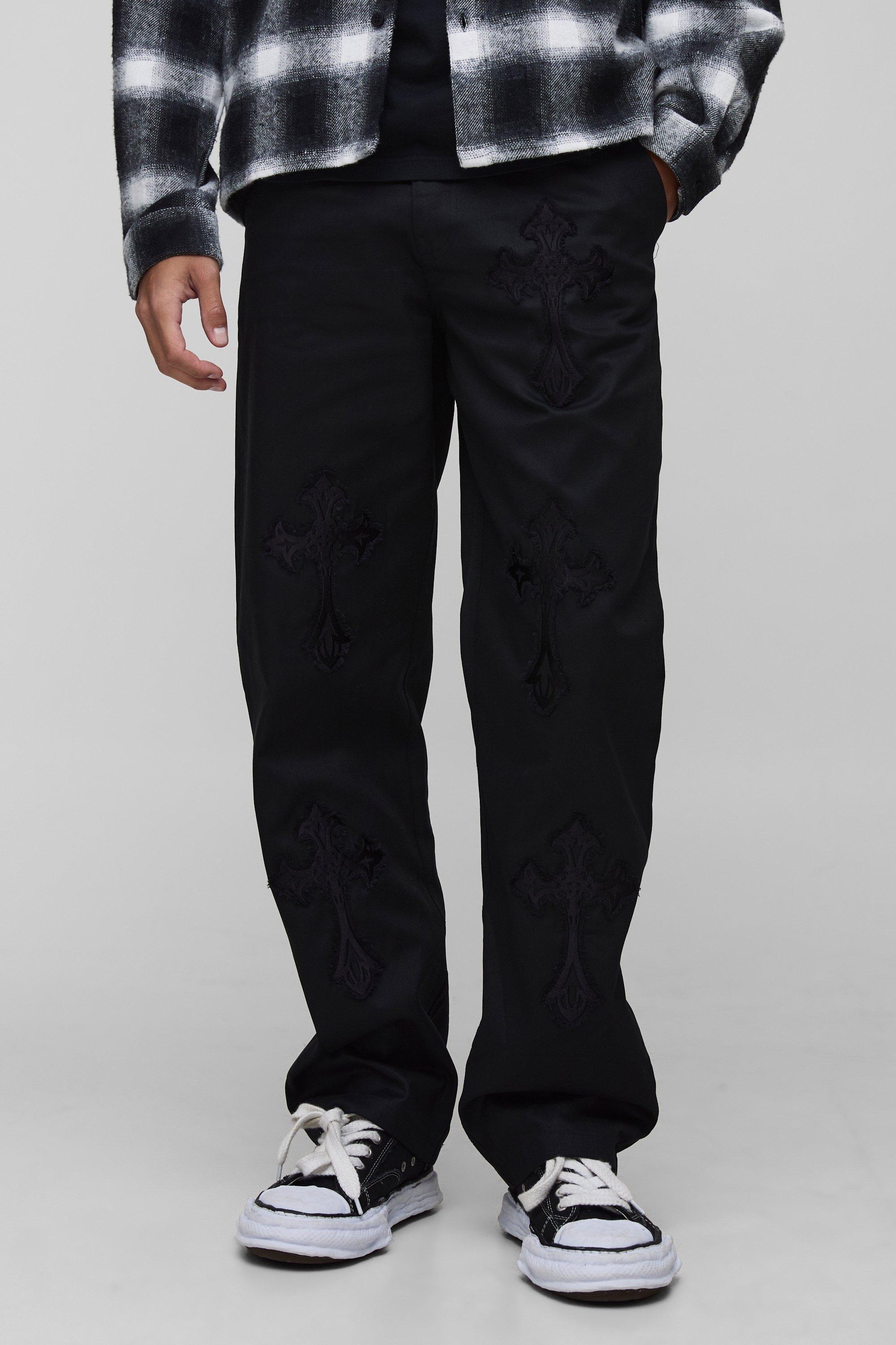 Mens Black Tall Fixed Waist Cross Applique Relaxed Trousers, Black