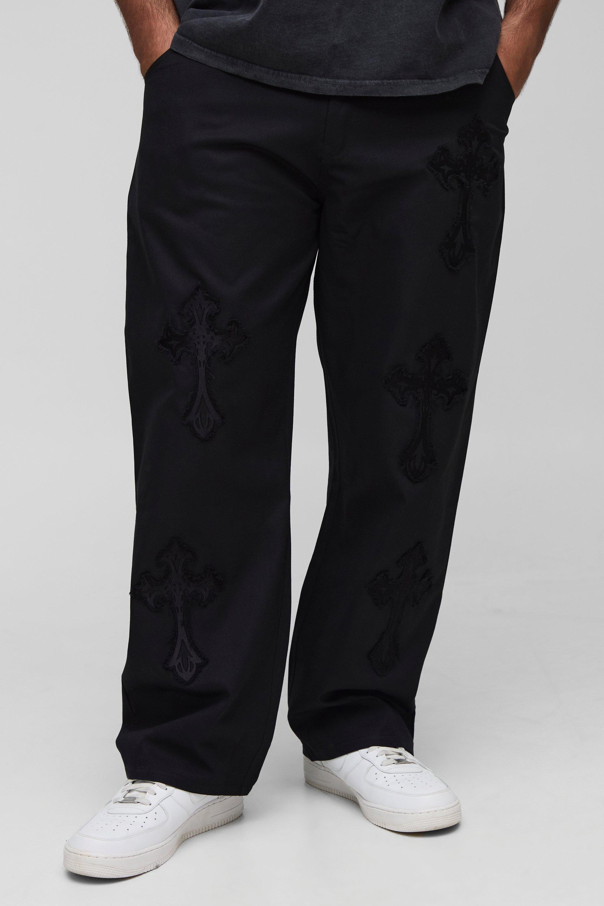 Mens Black Plus Fixed Waist Cross Applique Relaxed Trousers, Black