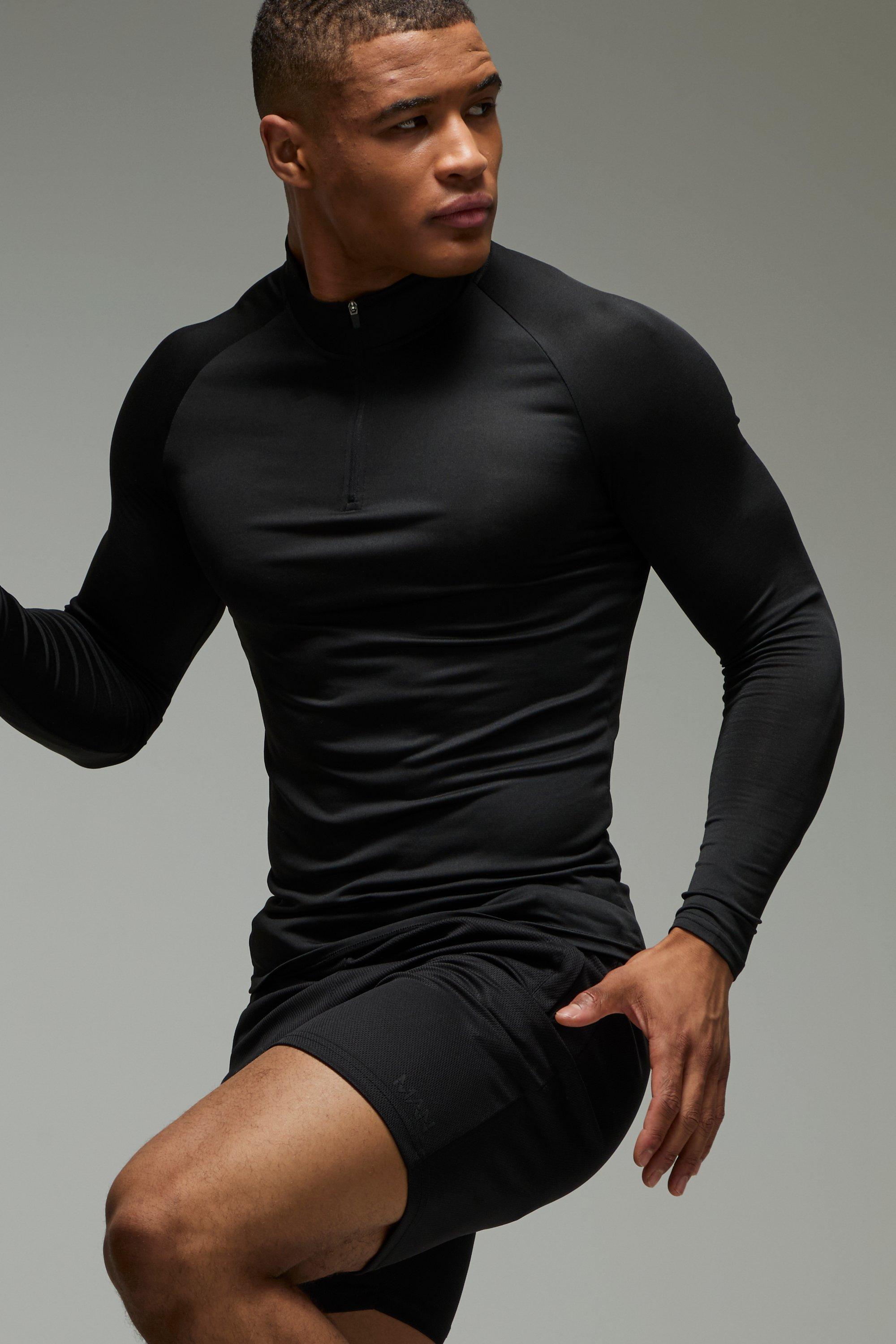 Mens Black Man Active Lightweight Essentials Gym Raglan Muscle 1/4 Zip & Short Set, Black