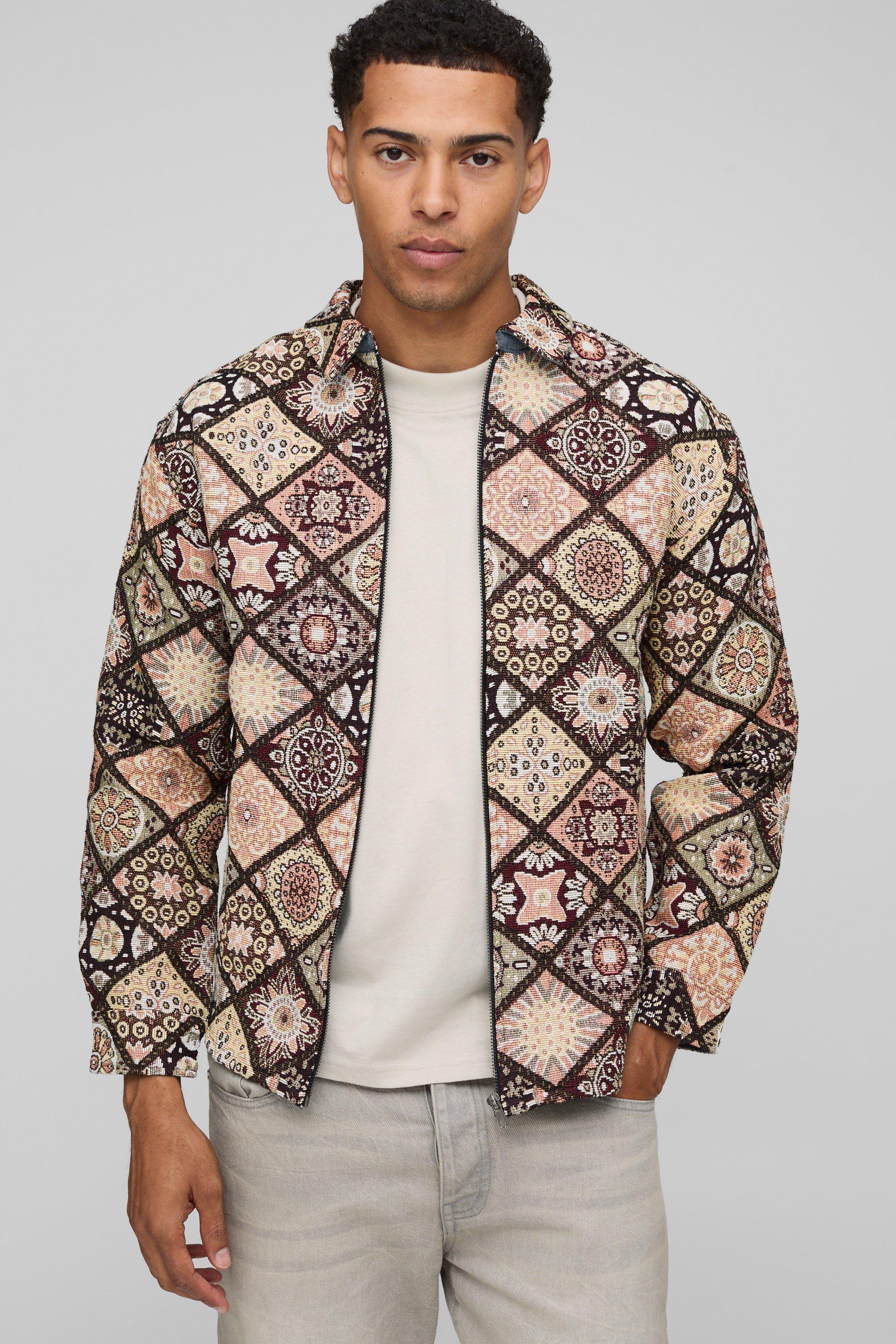 Long Sleeve Zip Through Diamond Tapestry Overshirt