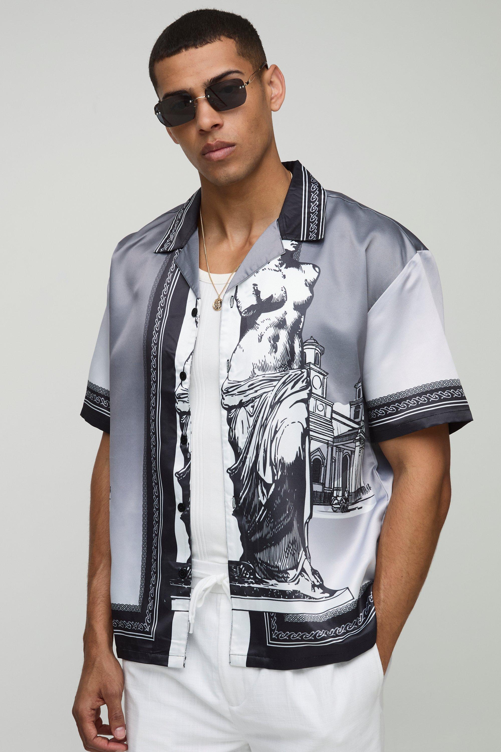 Mens Grey Satin Oversized Revere Statue Border Shirt, Grey