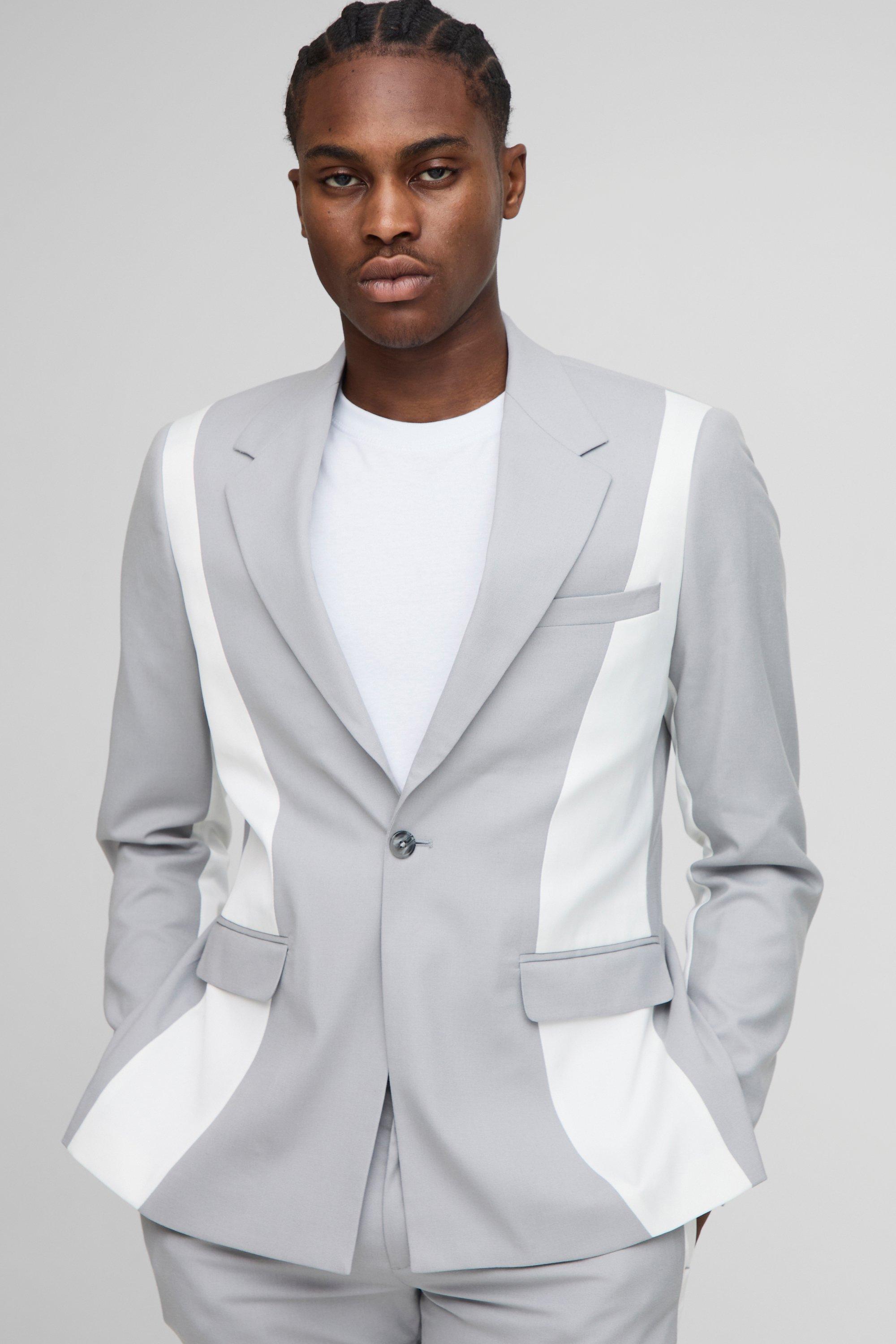 Mens Grey Slim Fit Contrast Panel Blazer, Grey