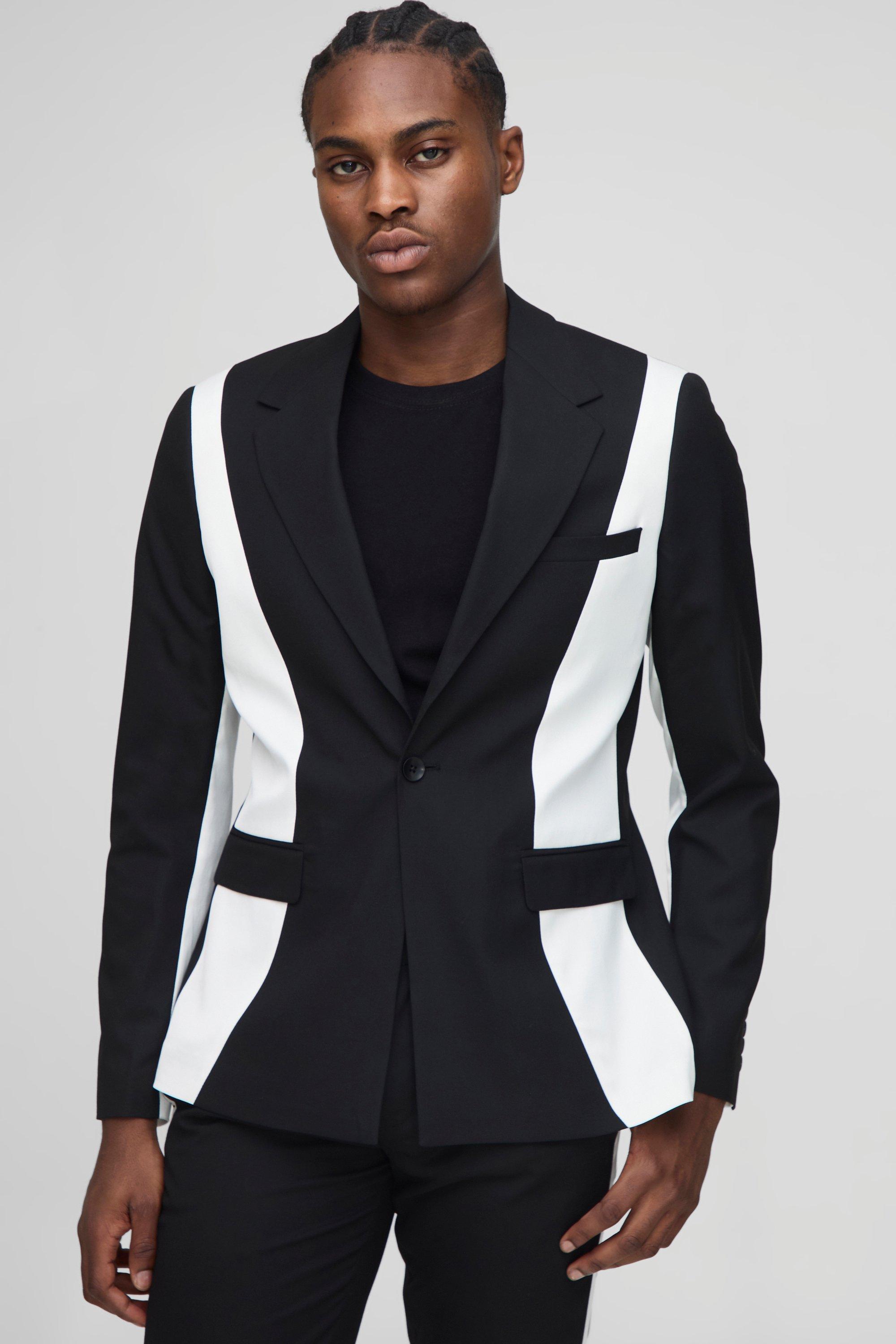 Mens Black Slim Fit Contrast Panel Blazer, Black