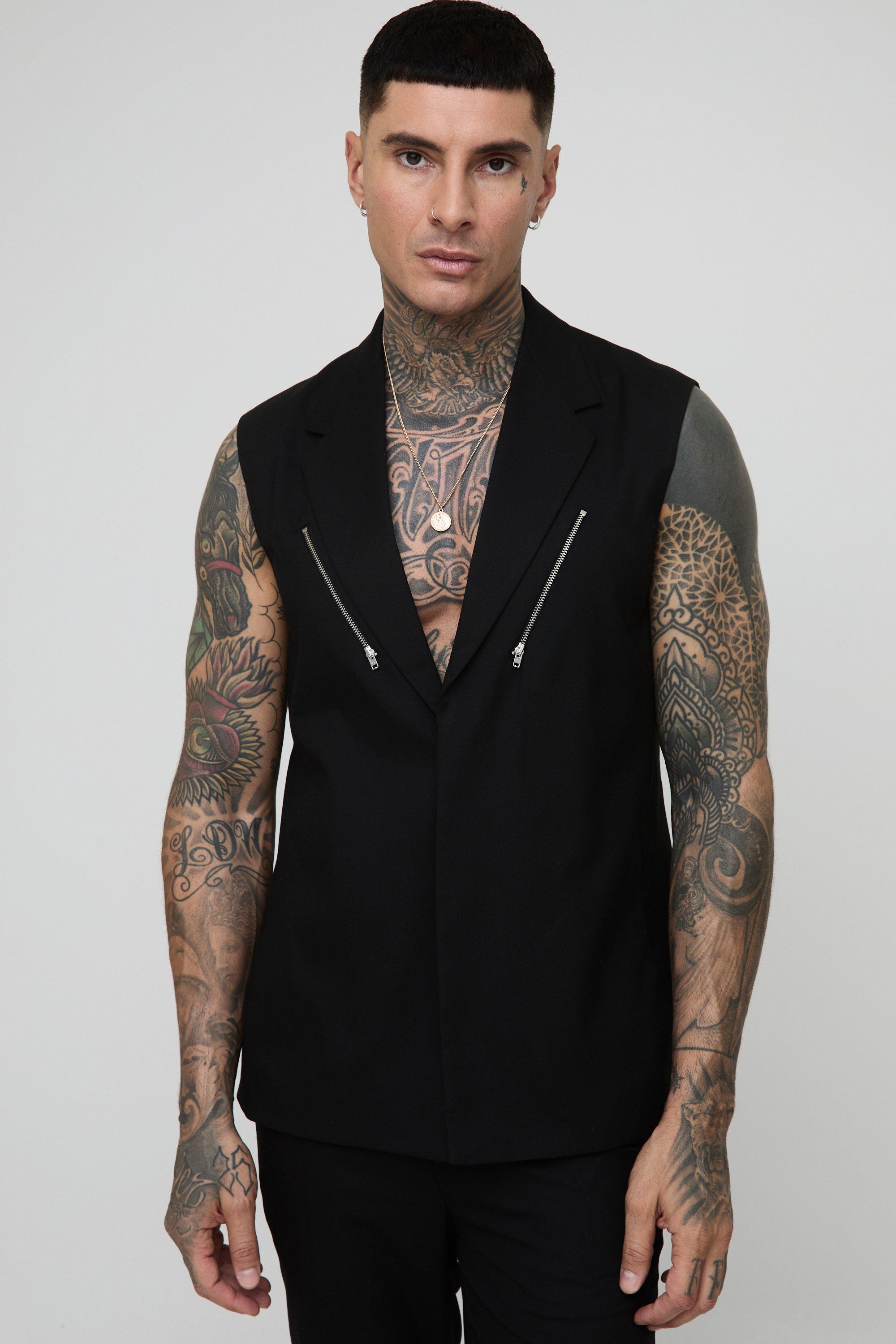 Mens Black Straight Fit Sleeveless Zip Detail Blazer, Black