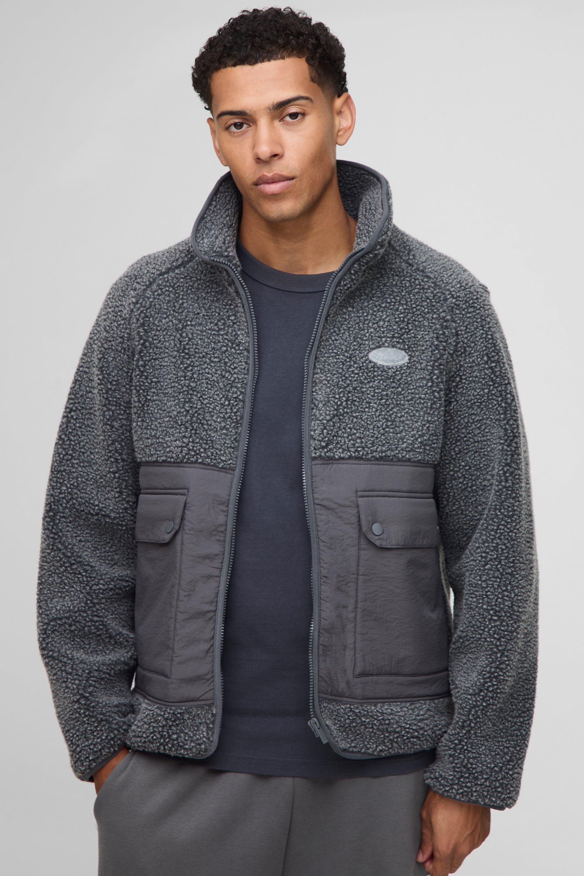 Mens Grey Regular Fit Two Tone Borg Nylon Mix Funnel Neck Zip Through Jacket, Grey
