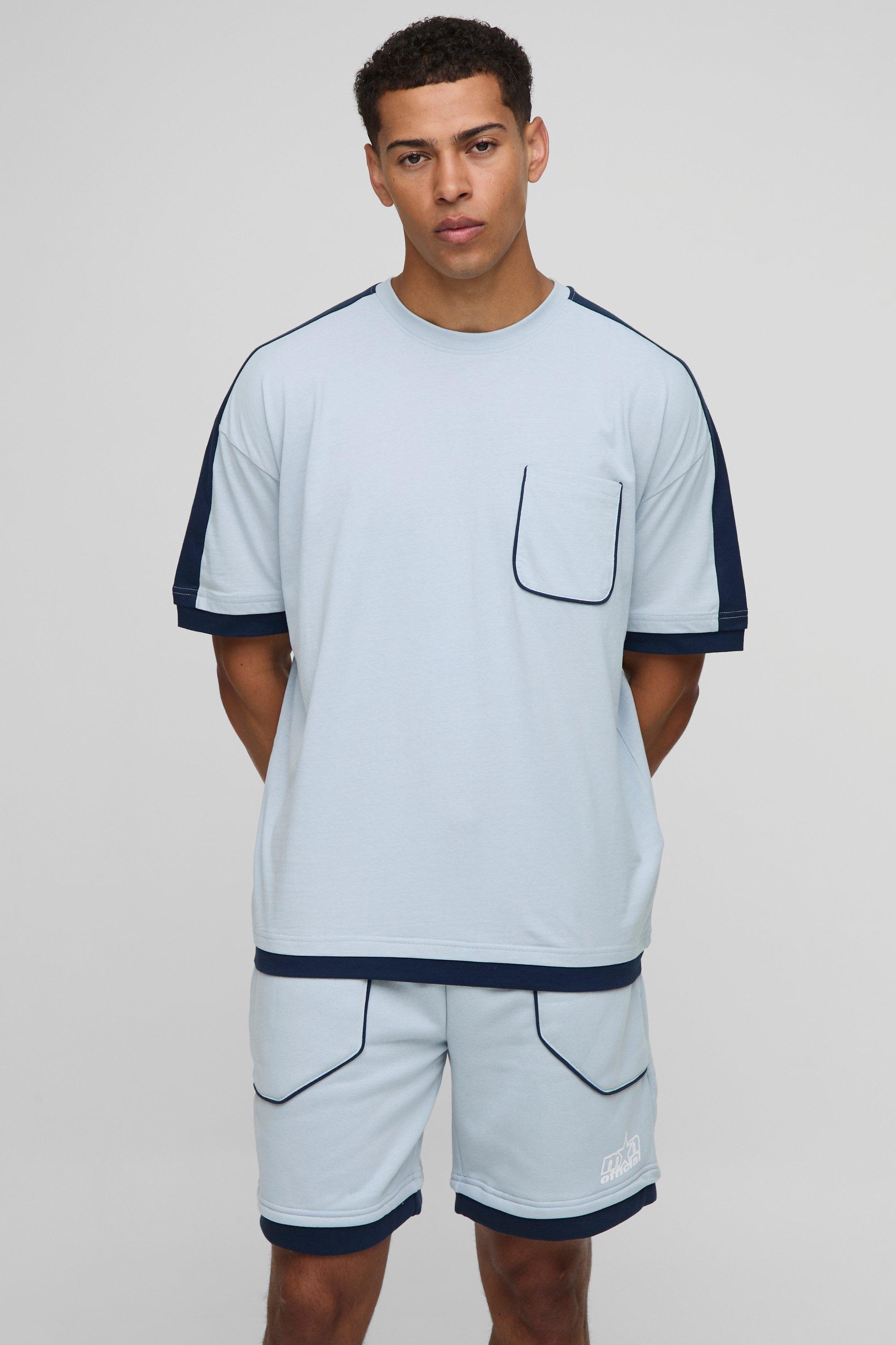 Image of Set T-shirt oversize Man con finto doppio livello & pantaloncini, Azzurro