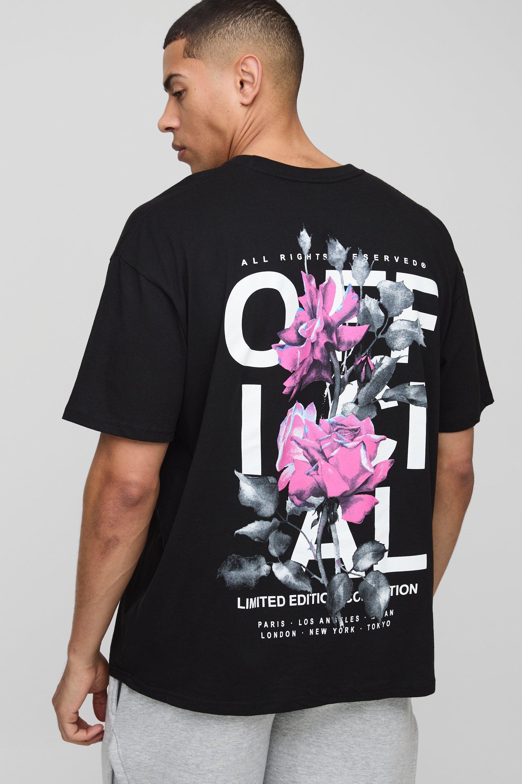 Mens Black Oversized Rose Print Official T-Shirt, Black