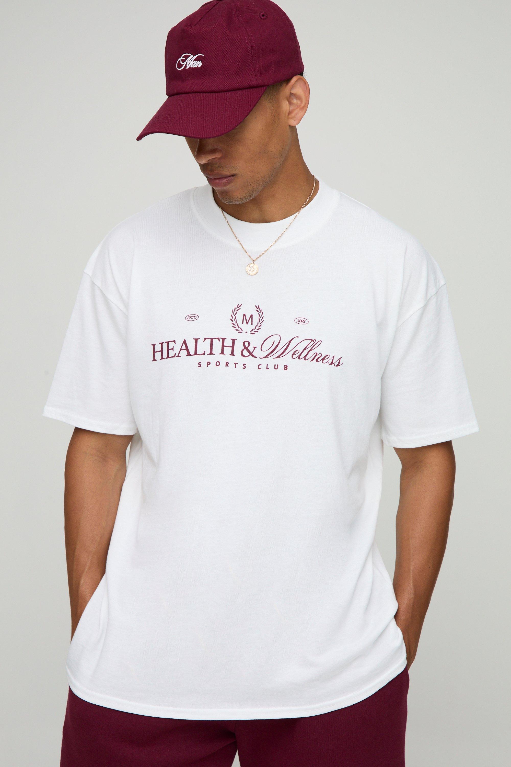 Mens White Oversized Health and Wellness Sports Club T-Shirt, White