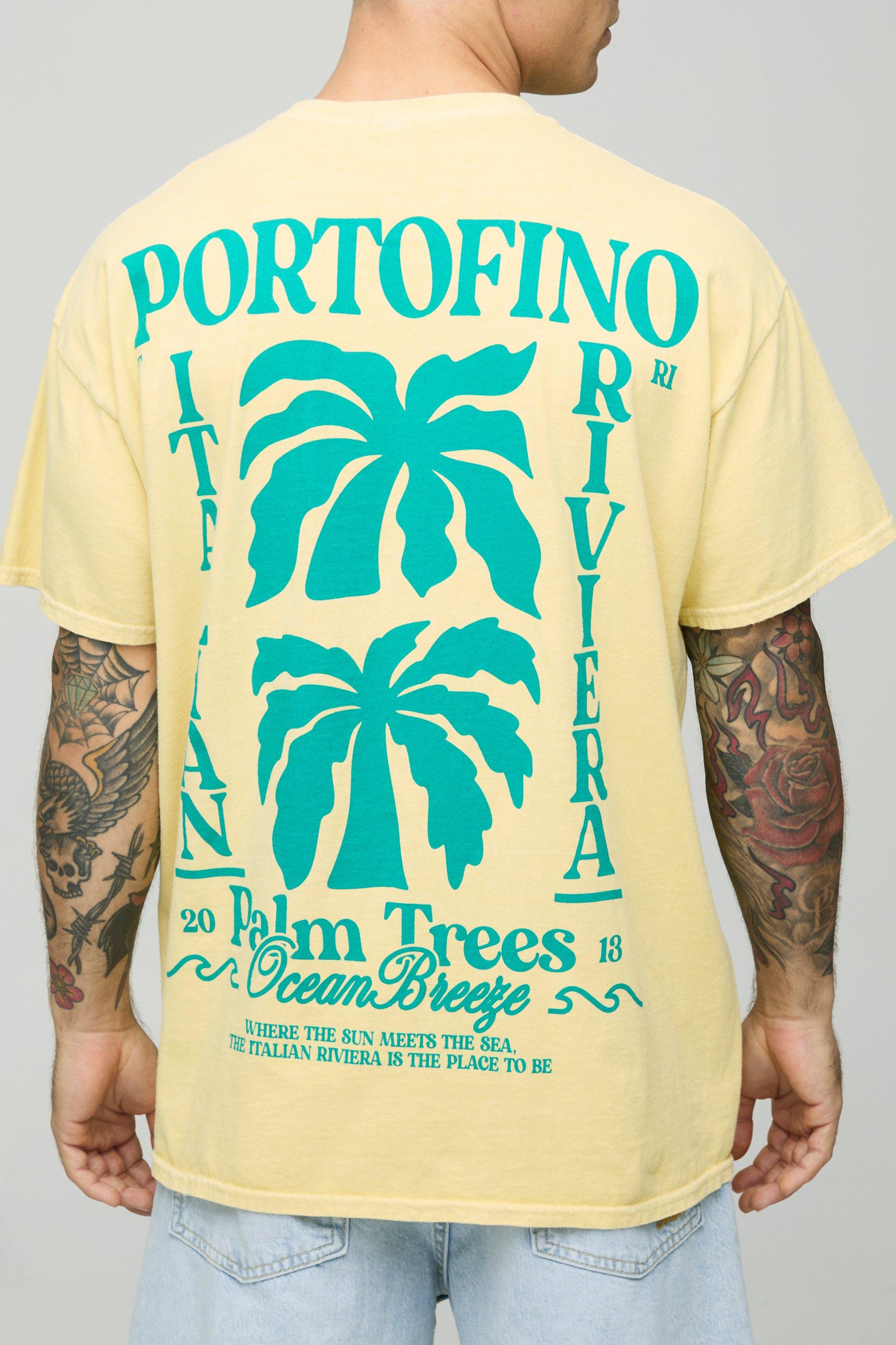 Mens Yellow Oversized Extended Neck Portofino Print T-Shirt, Yellow