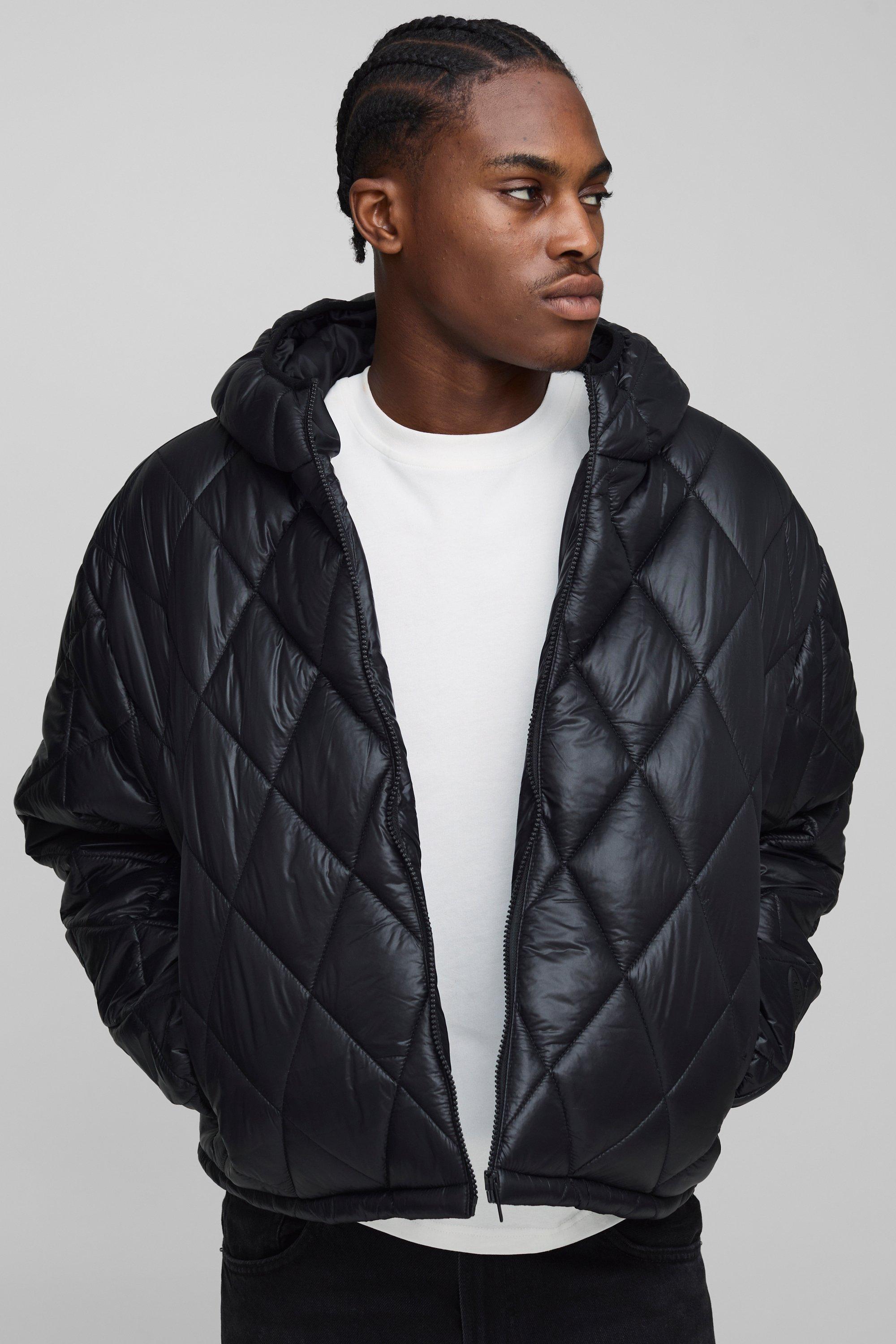 Image of Oversized Boxy High Sheen Diamond Quilted Hooded Funnel Puffer Jacket, Nero