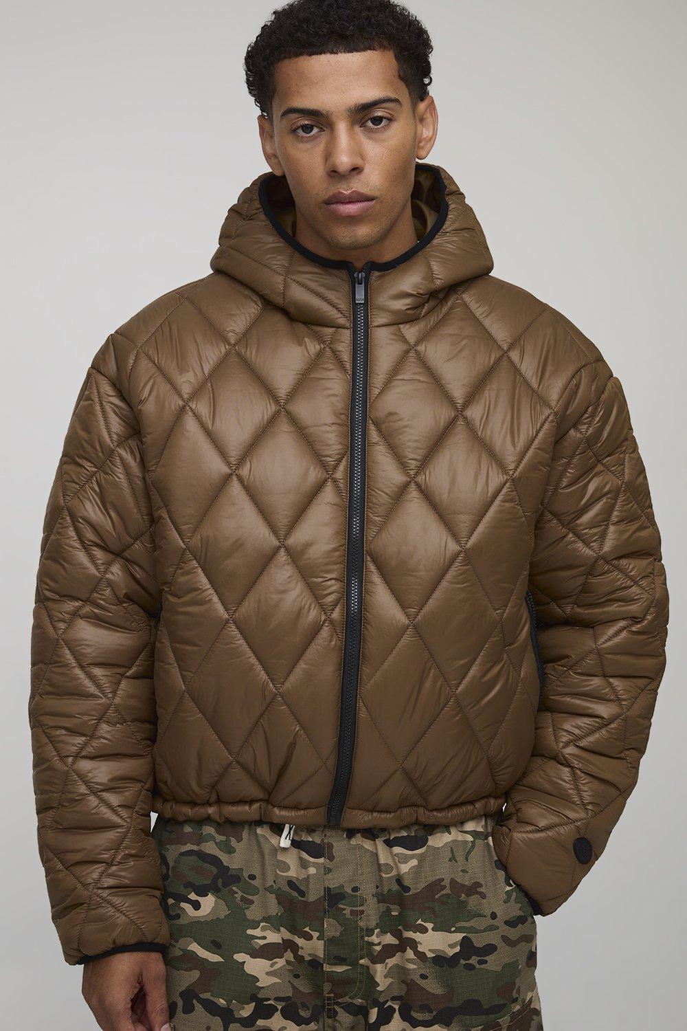 Image of Oversized Boxy High Sheen Diamond Quilted Hooded Funnel Puffer Jacket, Brown