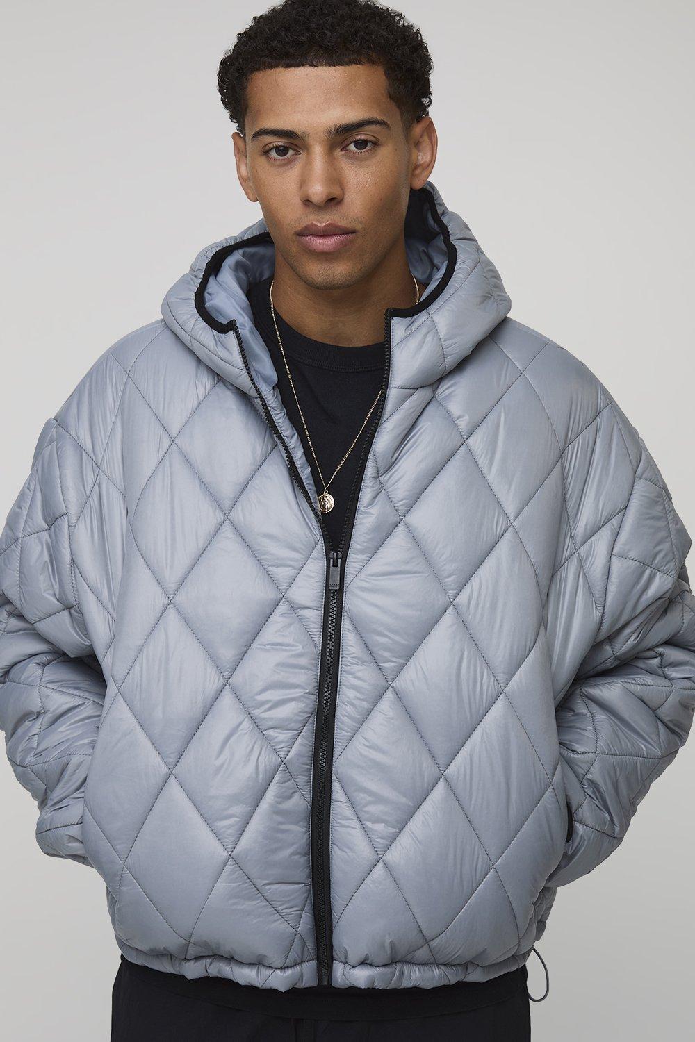 Image of Oversized Boxy High Sheen Diamond Quilted Hooded Funnel Puffer Jacket, Grigio