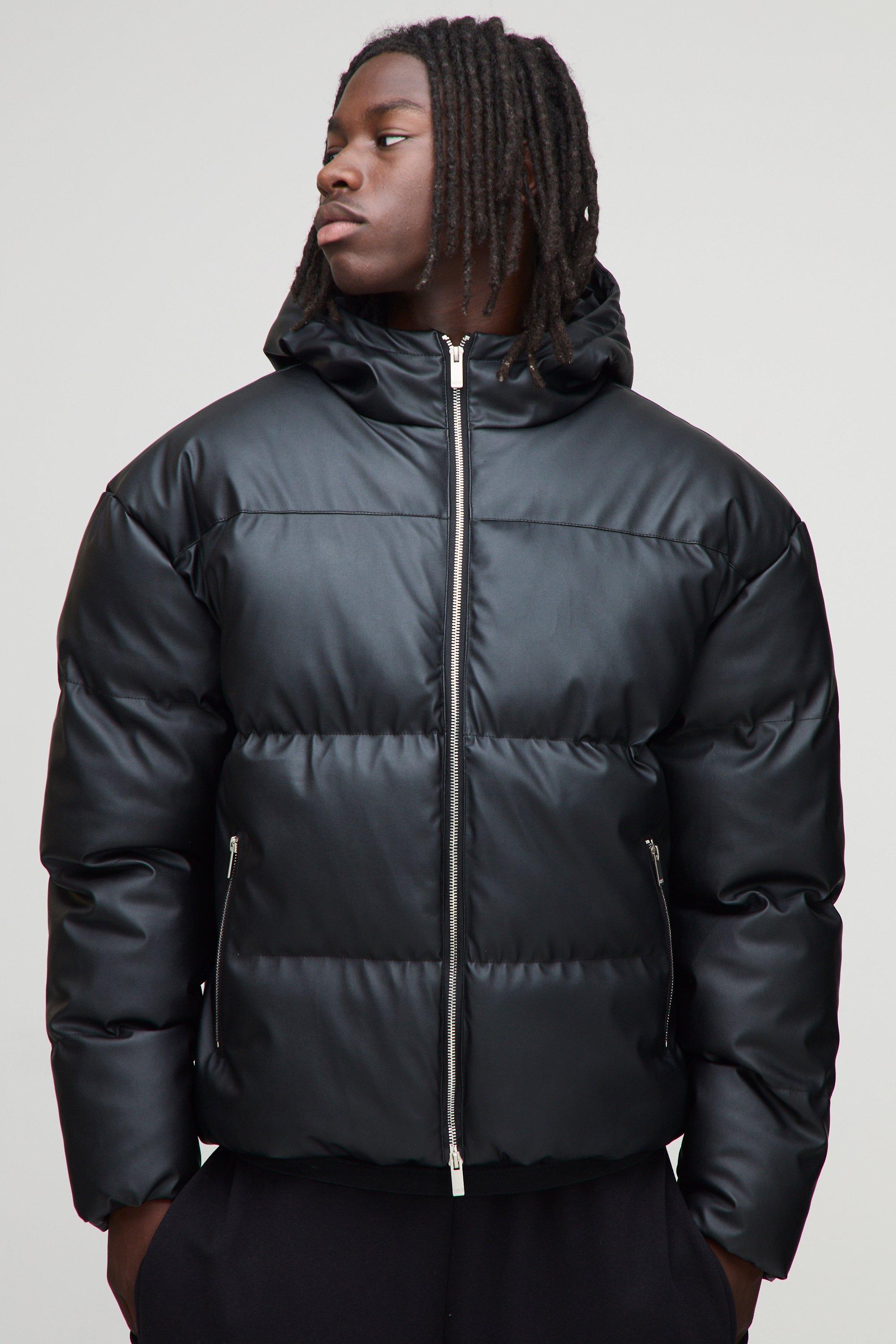 Image of Regular Fit PU Panelled Hooded Puffer Jacket, Nero