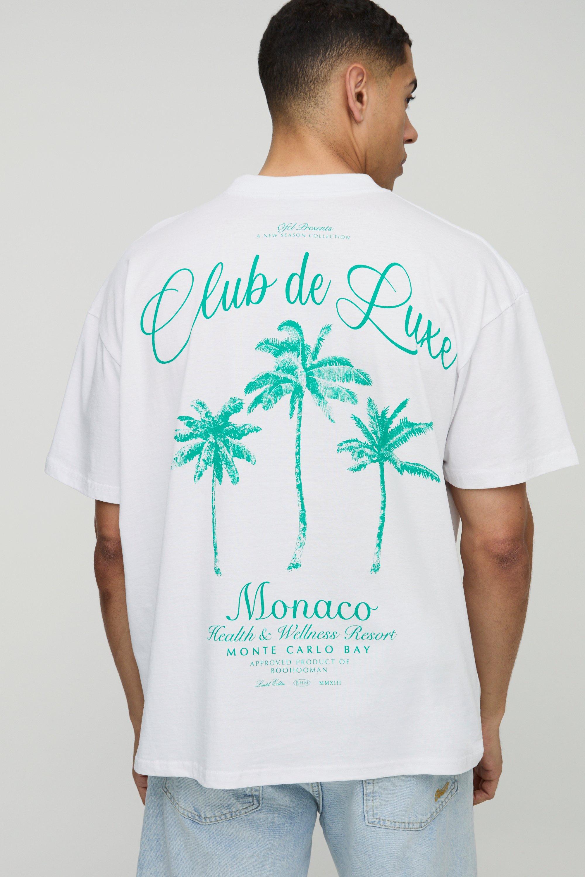 Mens White Oversized Extended Neck Club De Luxe Monaco Printed T-Shirt, White