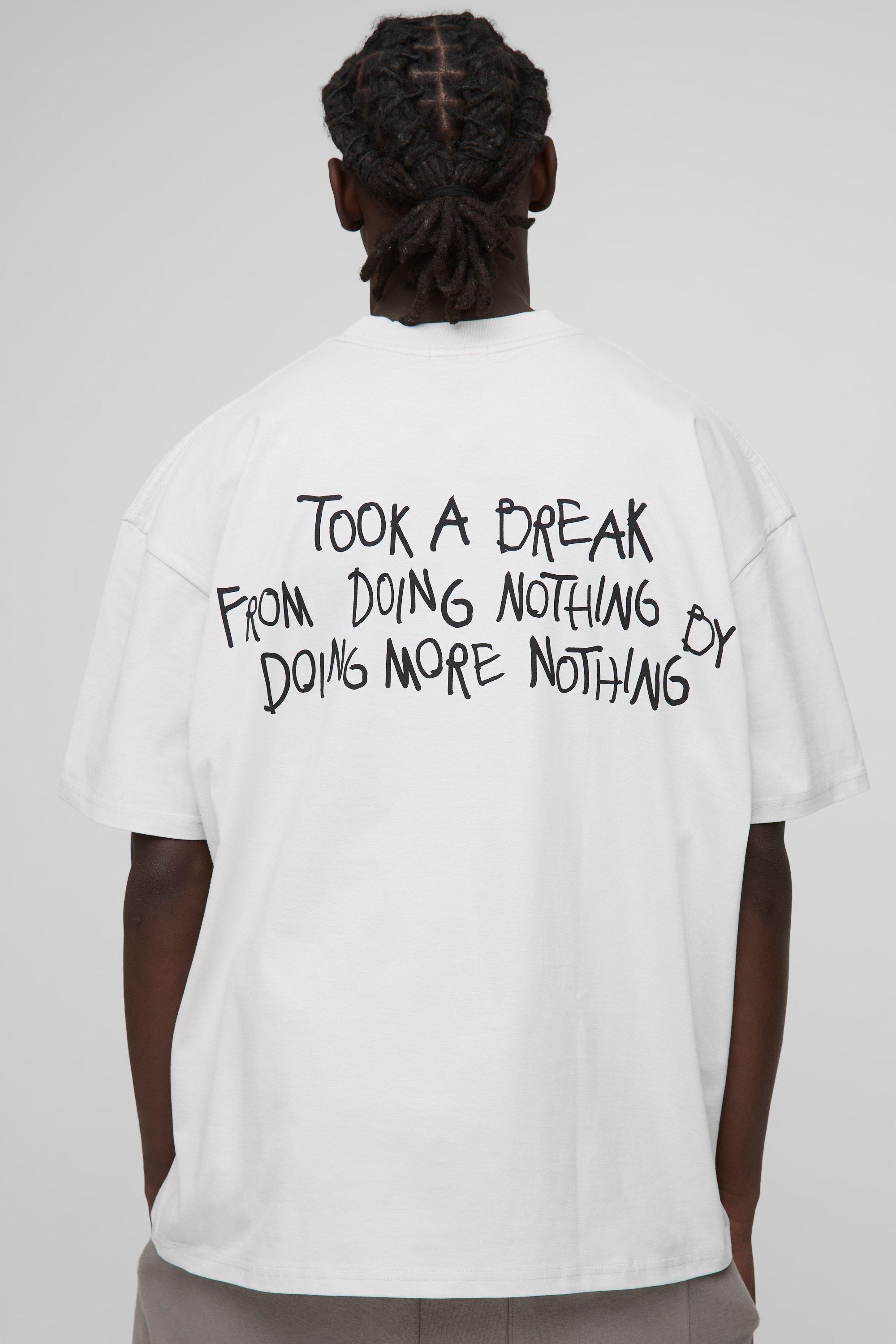 Mens Grey Oversized Extended Neck Took a Break Slogan T-shirt, Grey