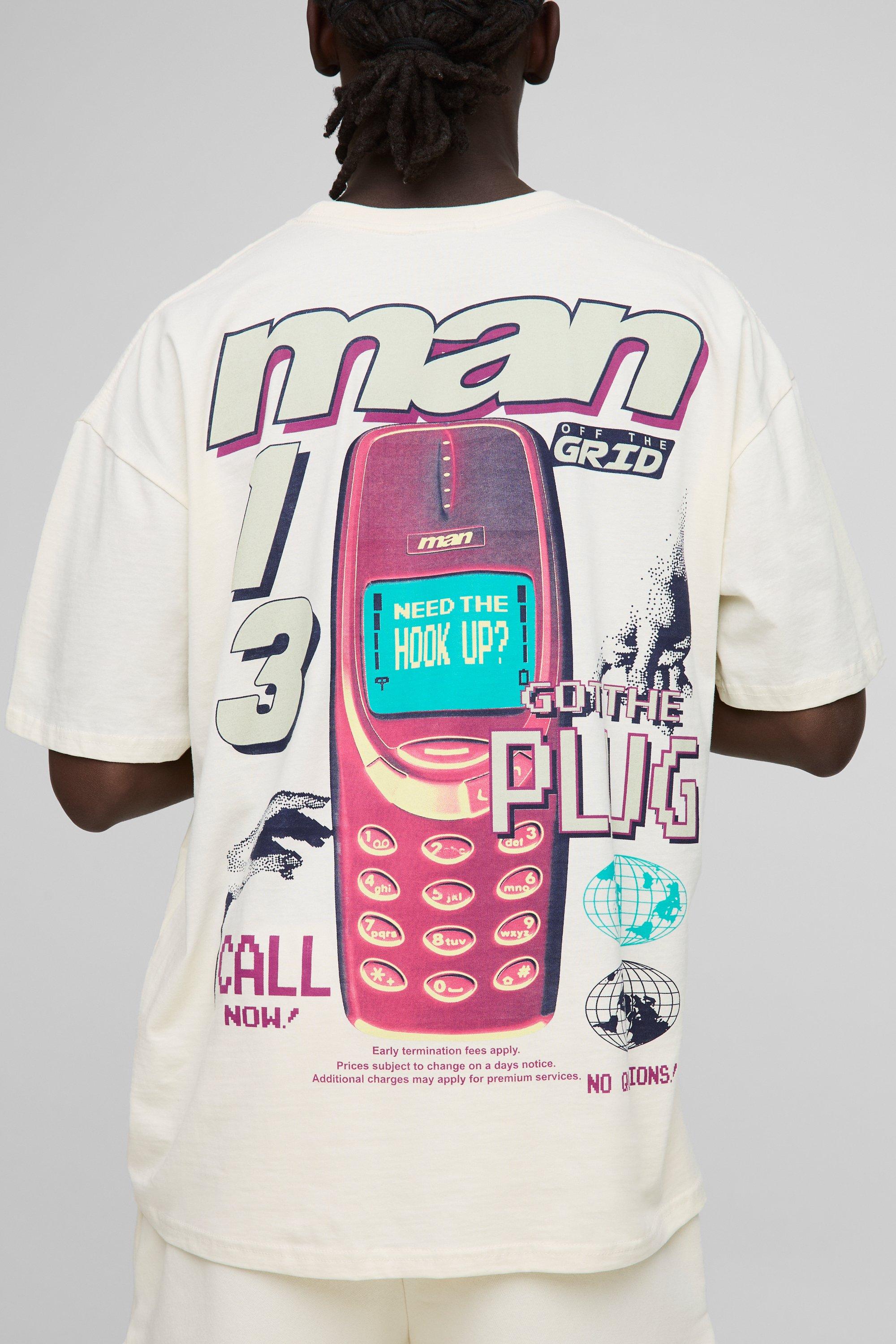 Mens Cream Oversized Retro Digi Phone Graphic T-Shirt, Cream