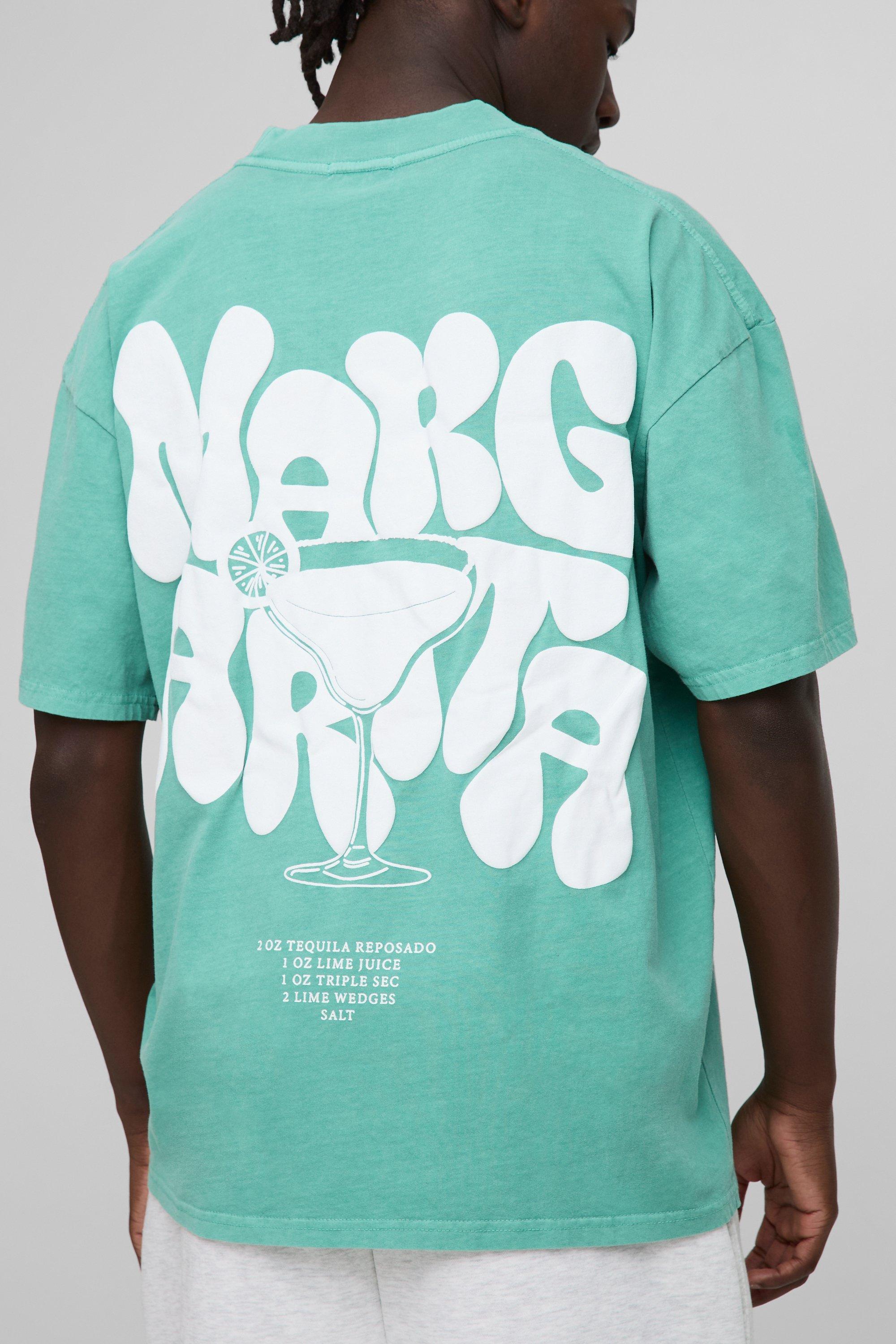 Mens Green Oversized Extended Neck Washed Margarita Puff Print T-Shirt, Green