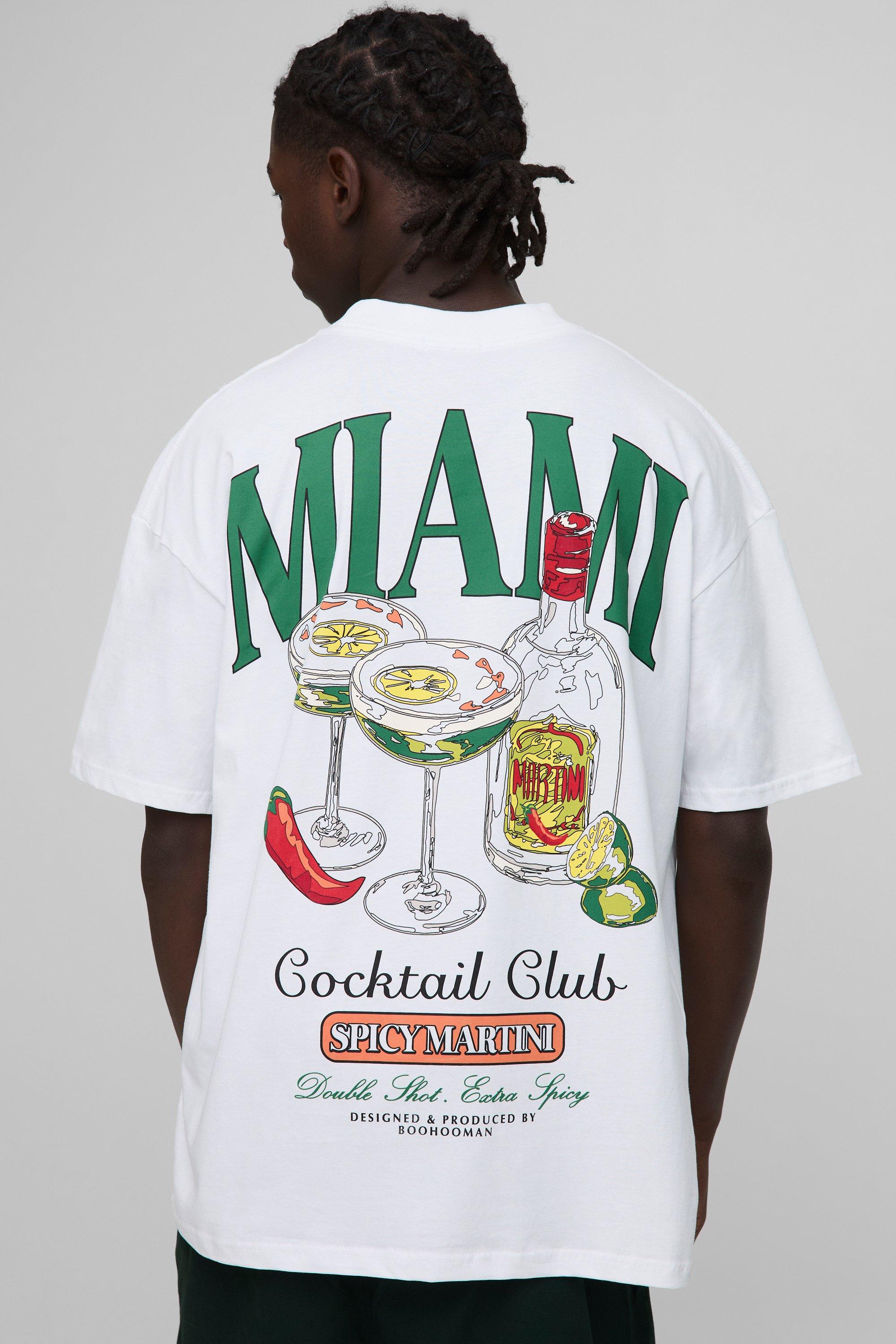 Mens White Oversized Extended Neck Miami Cocktail Club Printed T-Shirt, White