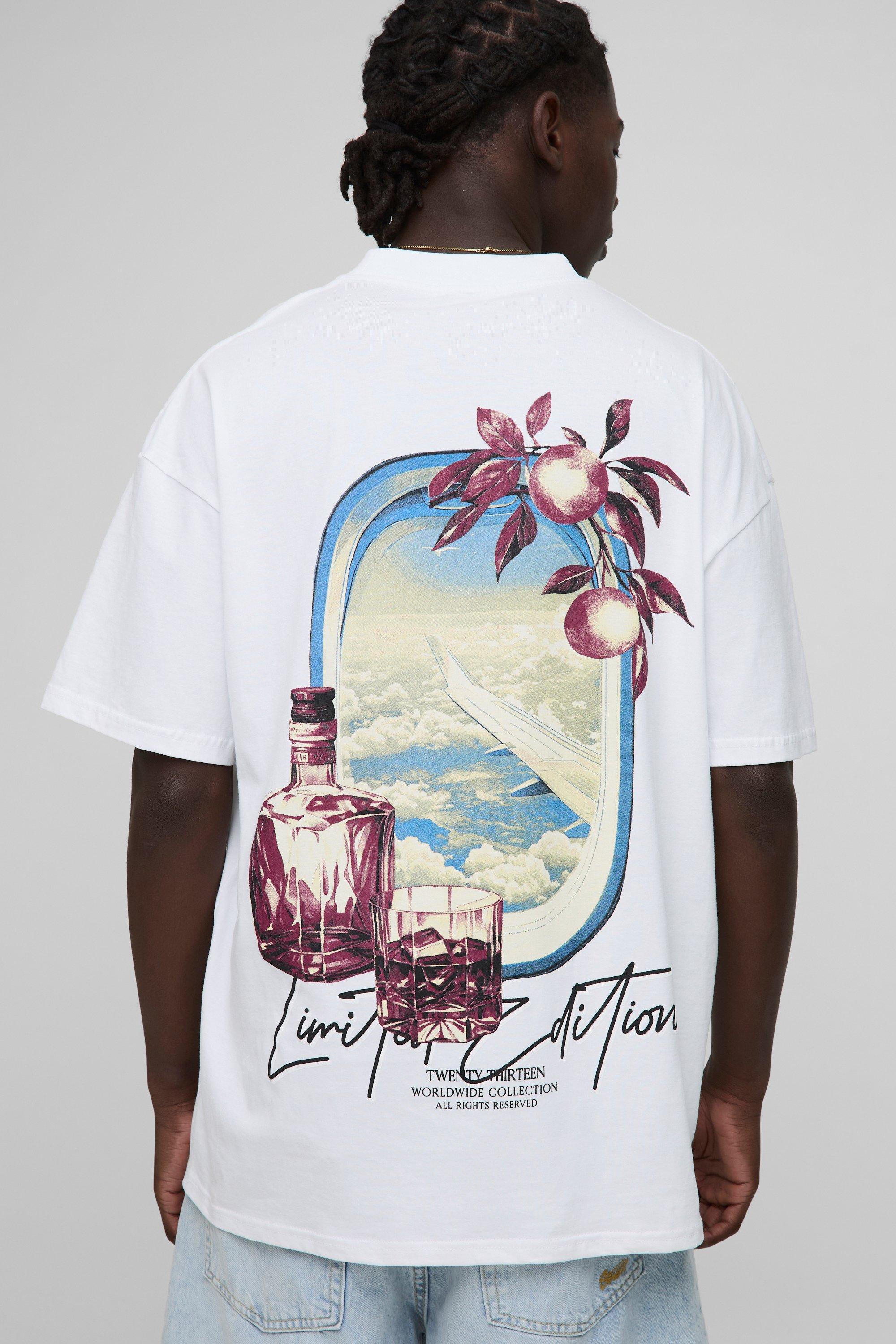 Mens White Oversized Extended Neck Bm Signature In the Clouds Graphic T-Shirt, White