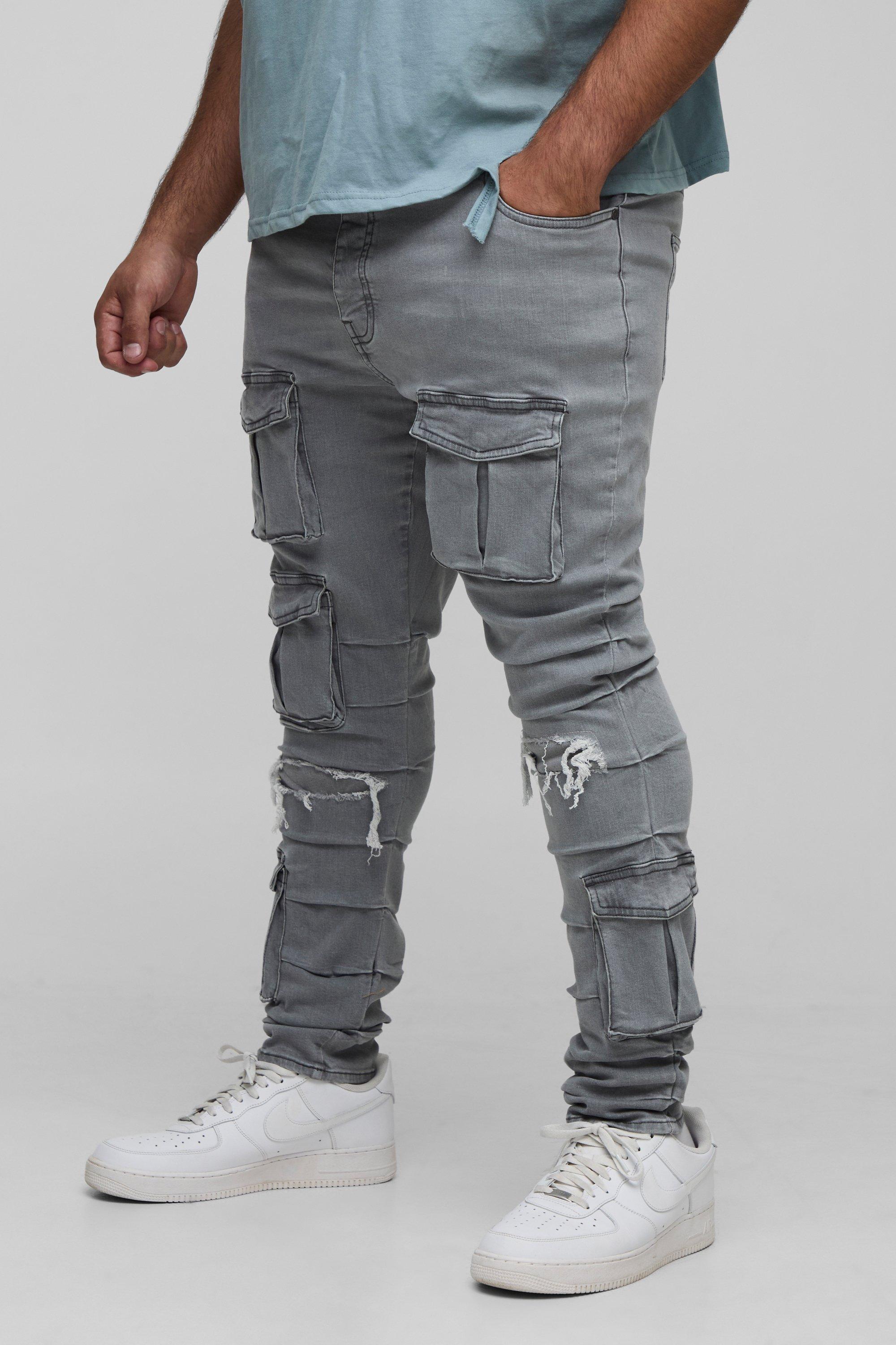 Mens Grey Plus Ruched Rip & Repair Ice Wash Cargo Skinny Jeans, Grey