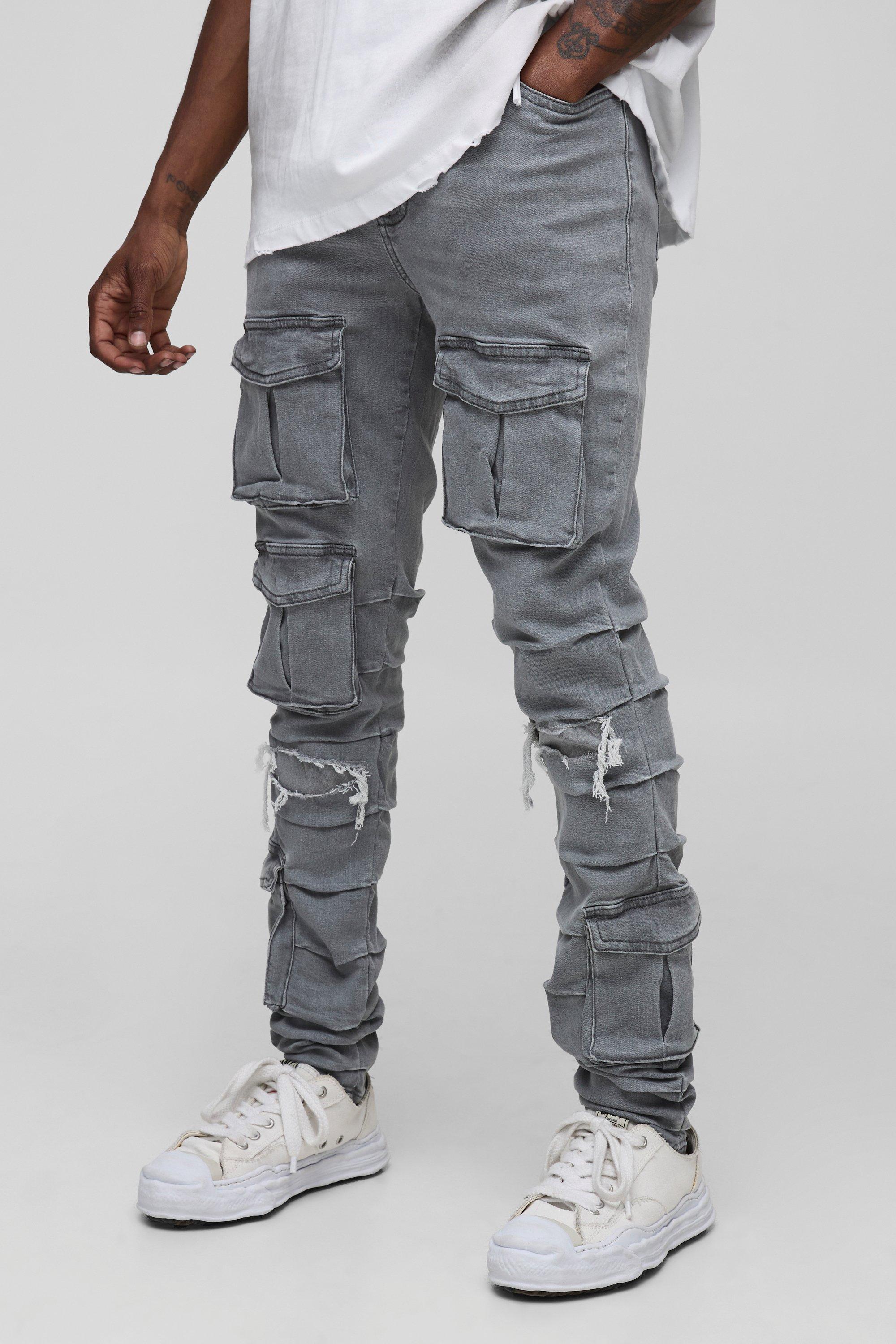 Boohoo Tall Ruched Rip & Repair Ice Wash Cargo Skinny Jeans, Ice Grey