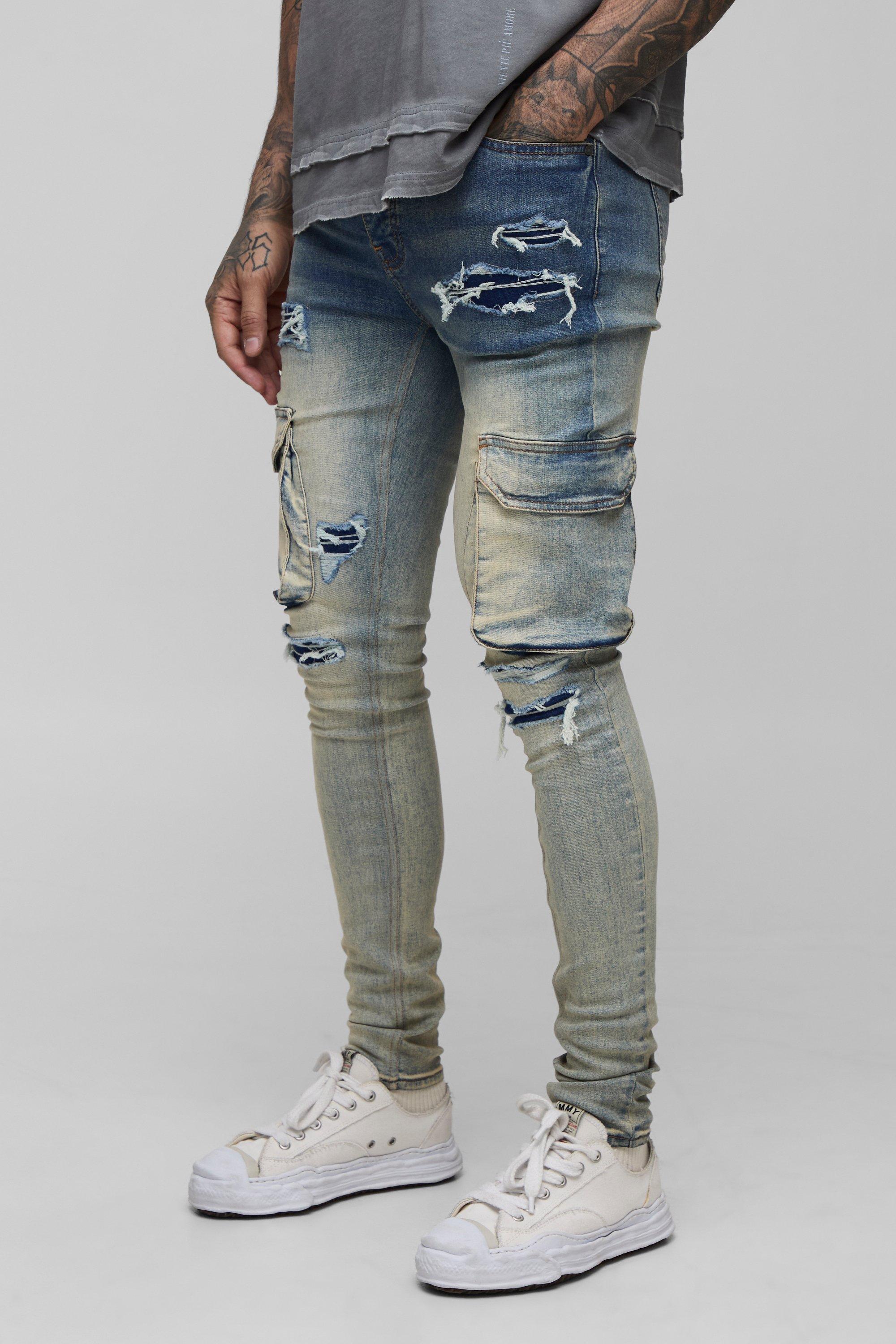 Boohoo Tall Stonewash Multi Rip Super Skinny Cargo Jeans, Stonewash