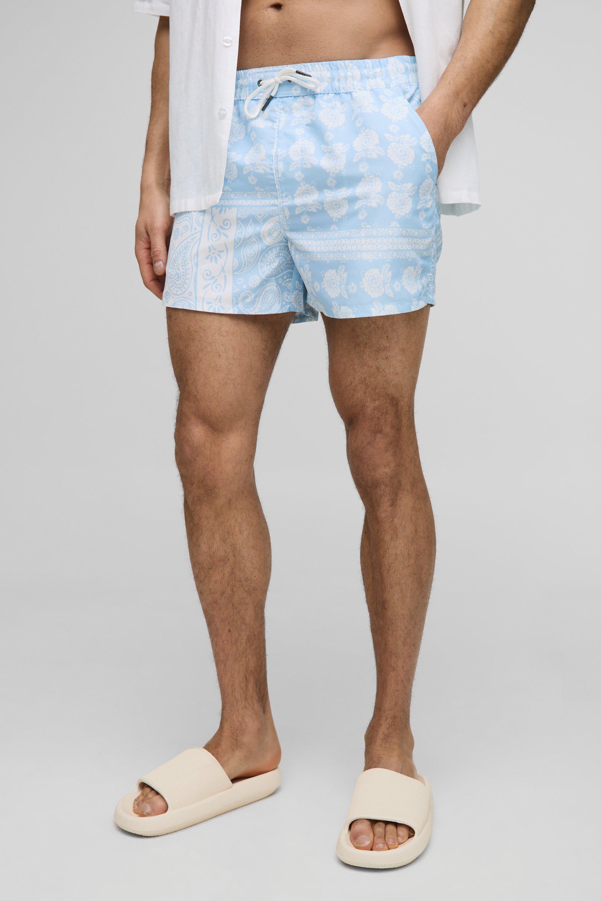 Mens Blue Short Length Tapestry Print Swim Shorts, Blue