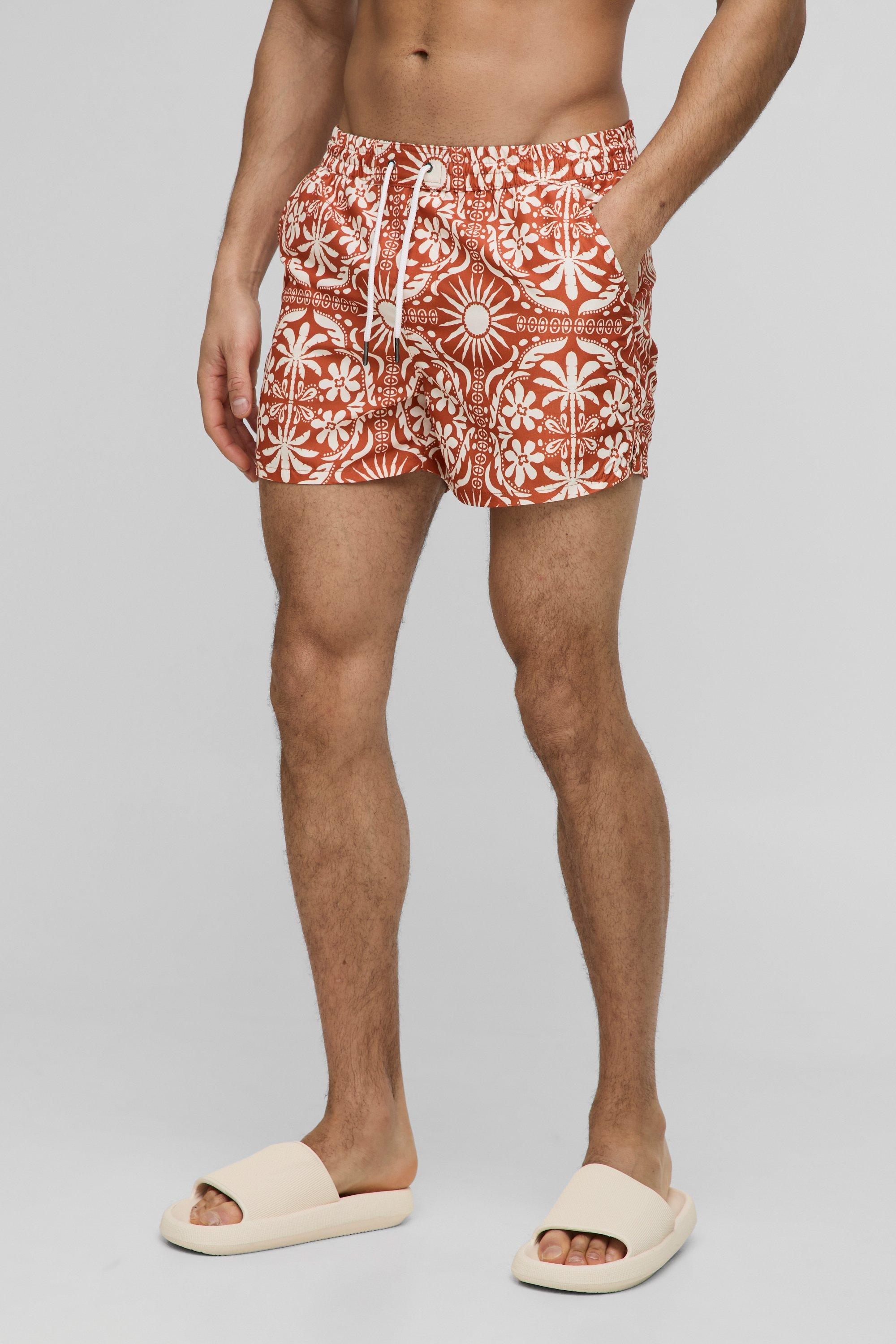 Mens Orange Short Length Abstract Print Swim Shorts, Orange