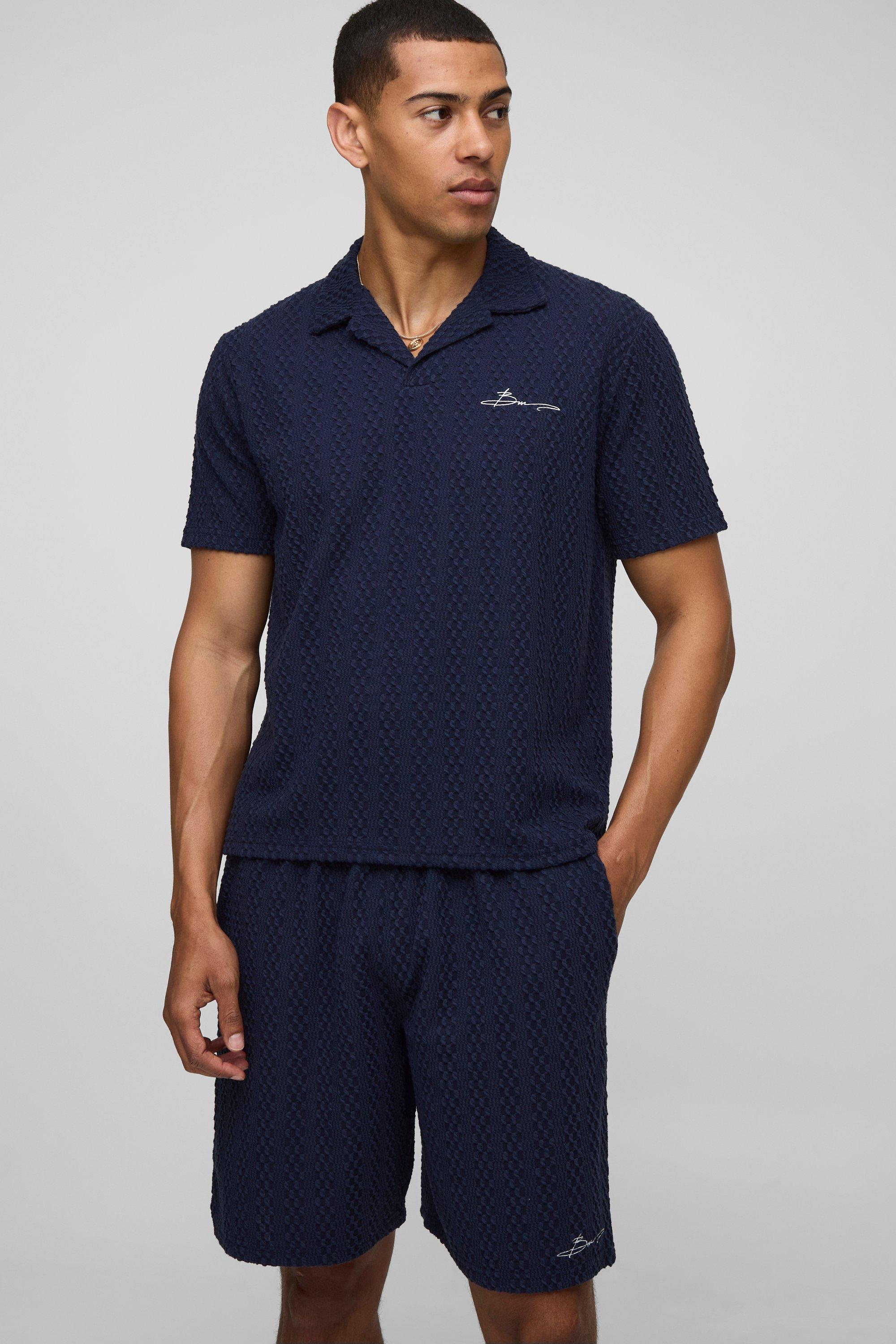 Mens Navy Boxy Embroidered Revere Textured Polo & Relaxed Shorts Set, Navy