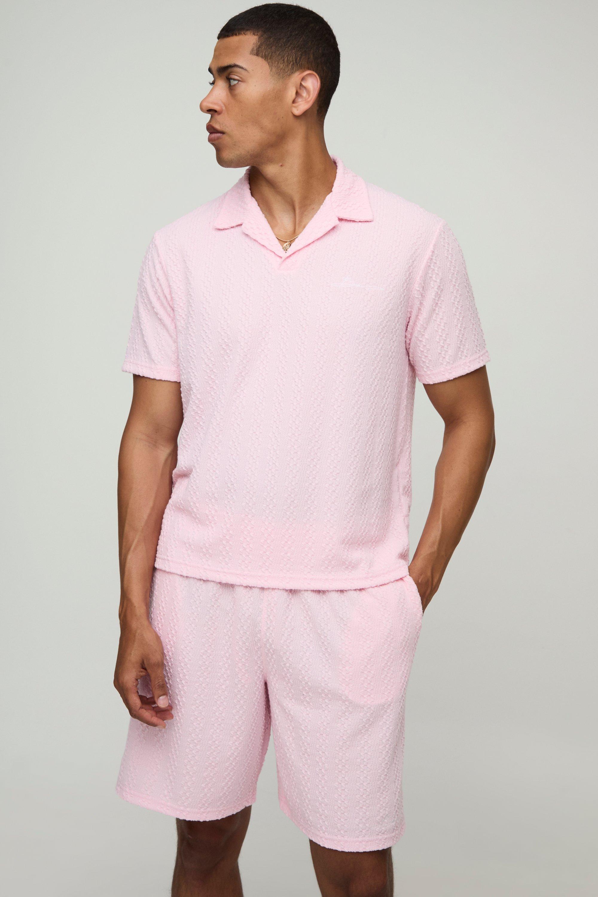 Mens Pink Boxy Embroidered Revere Textured Polo & Relaxed Shorts Set, Pink