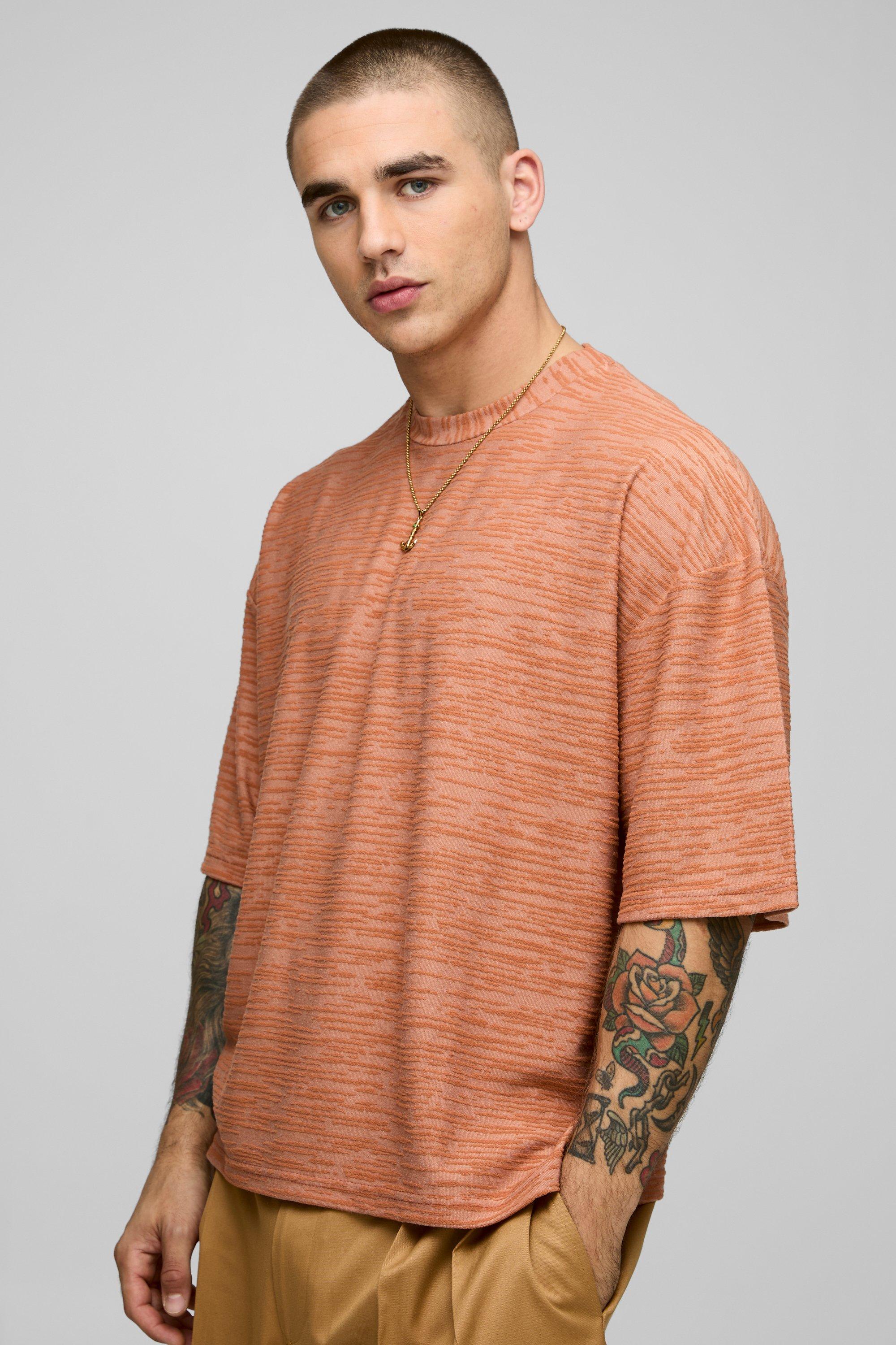 Image of T-shirt squadrata oversize con trama, Beige