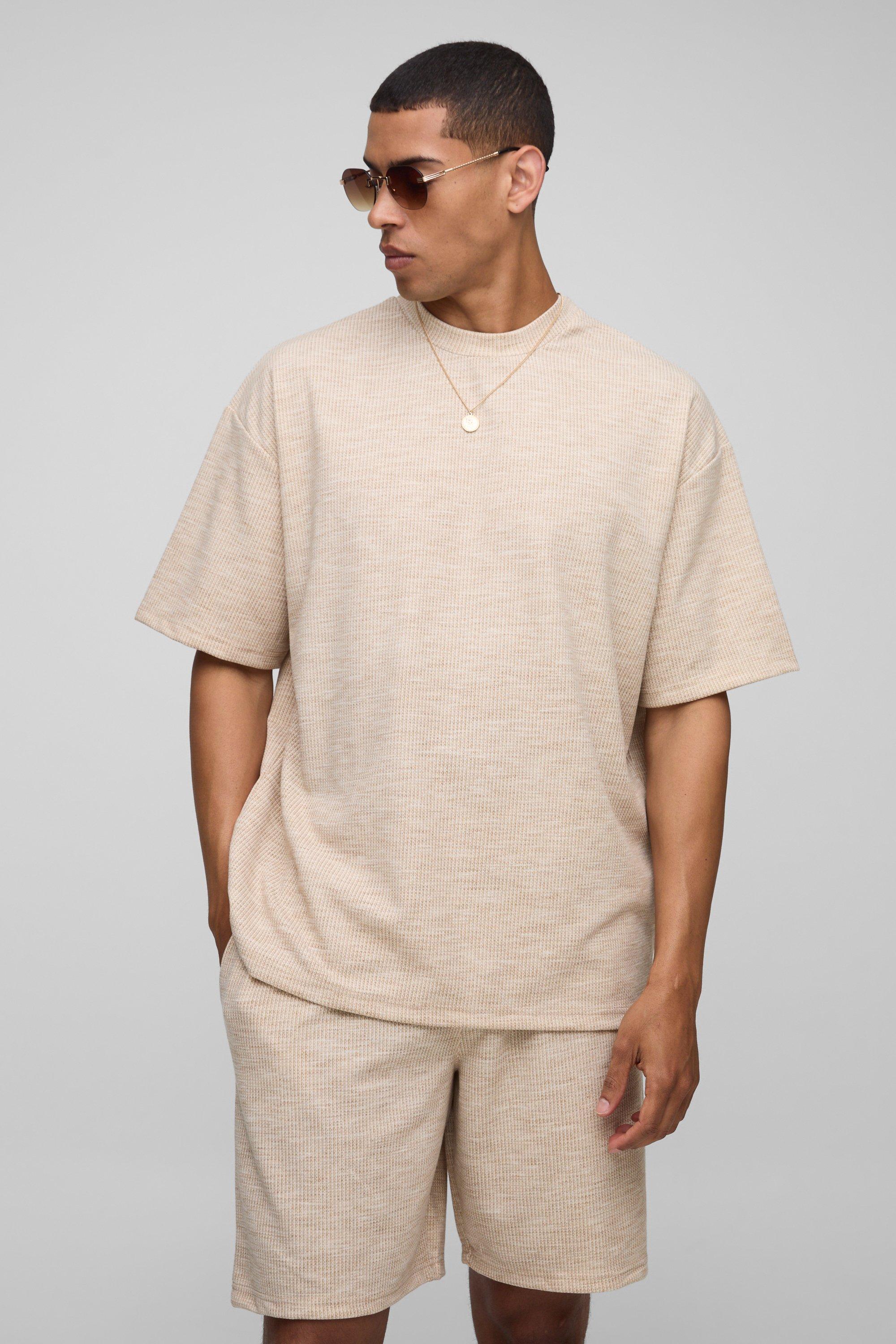 Mens Beige Oversized Textured Marl T-Shirt & Relaxed Shorts Set, Beige