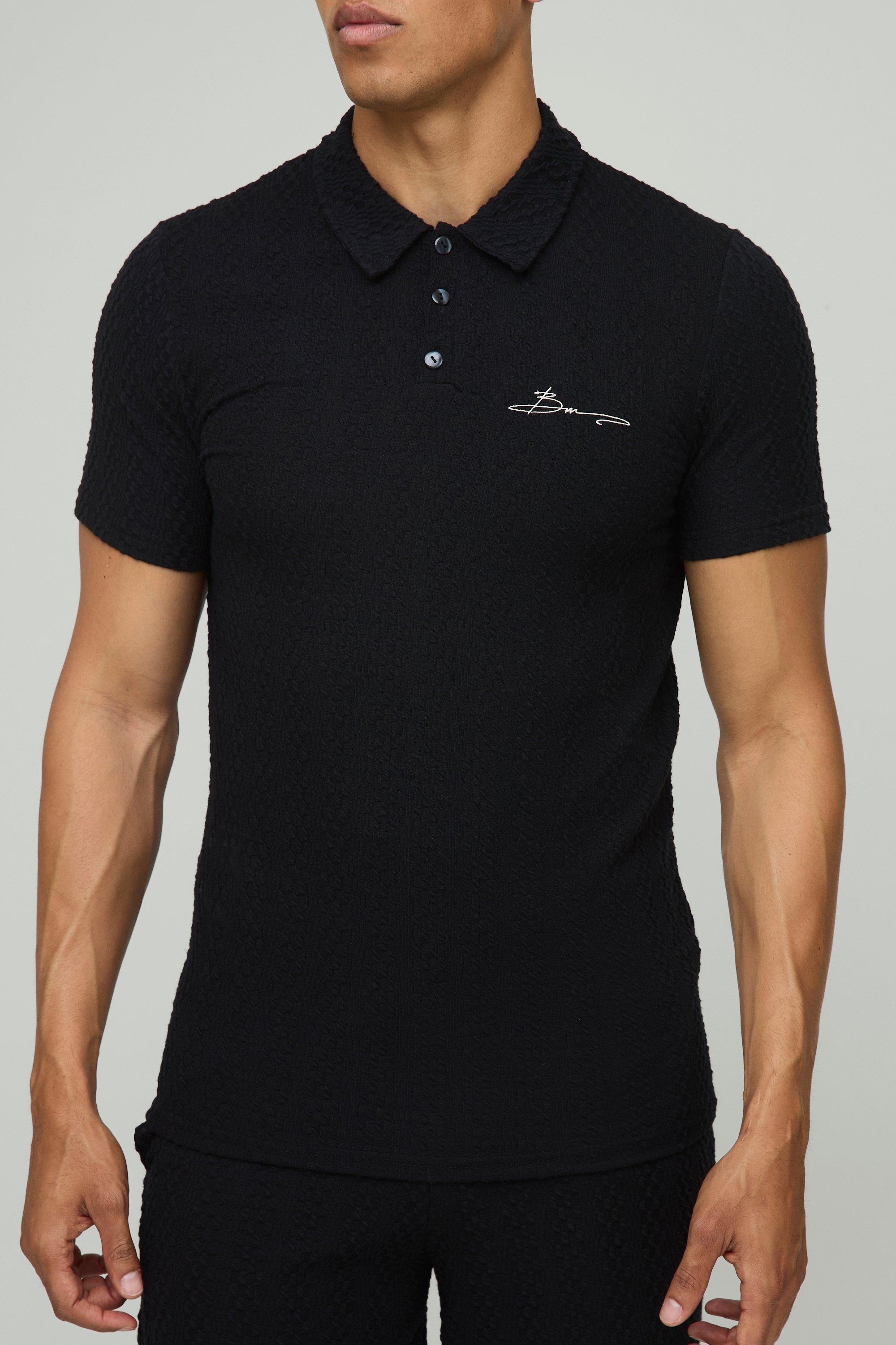 Mens Black Muscle Fit Button Neck Embroidered Textured Polo, Black