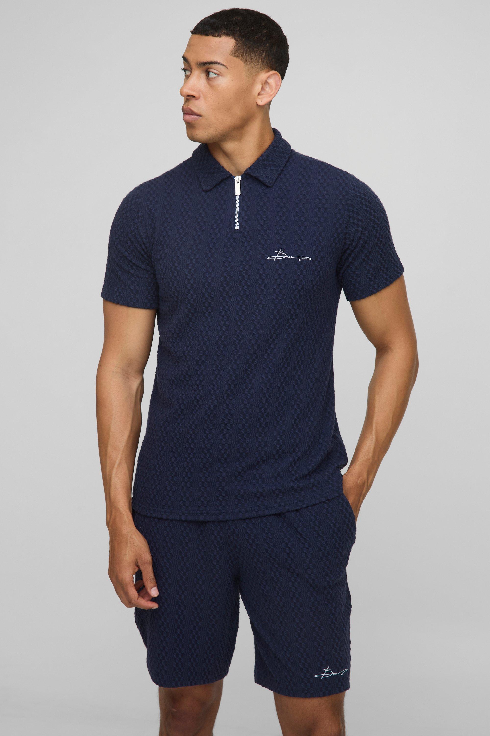 Mens Navy Slim Textured Zip Neck Embroidered Polo & Slim Shorts Set, Navy